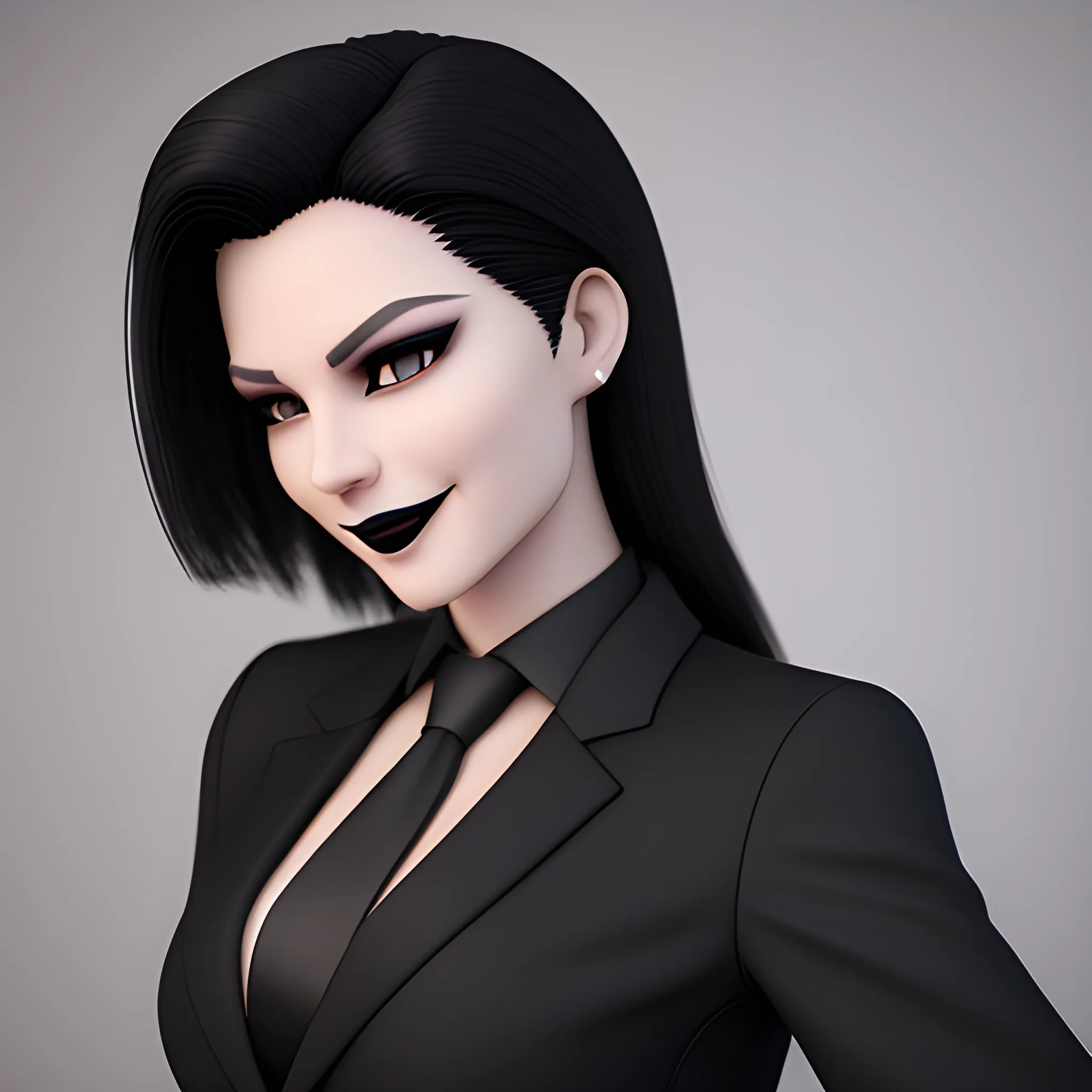 Beautiful black shoulder length haired business woman with black lipstick and eye makeup dressed in a an all black business suit black button up shirt black long tie full body pose smiling shrewdly photo realistic 24k ultra realistic quality 3D no deformation