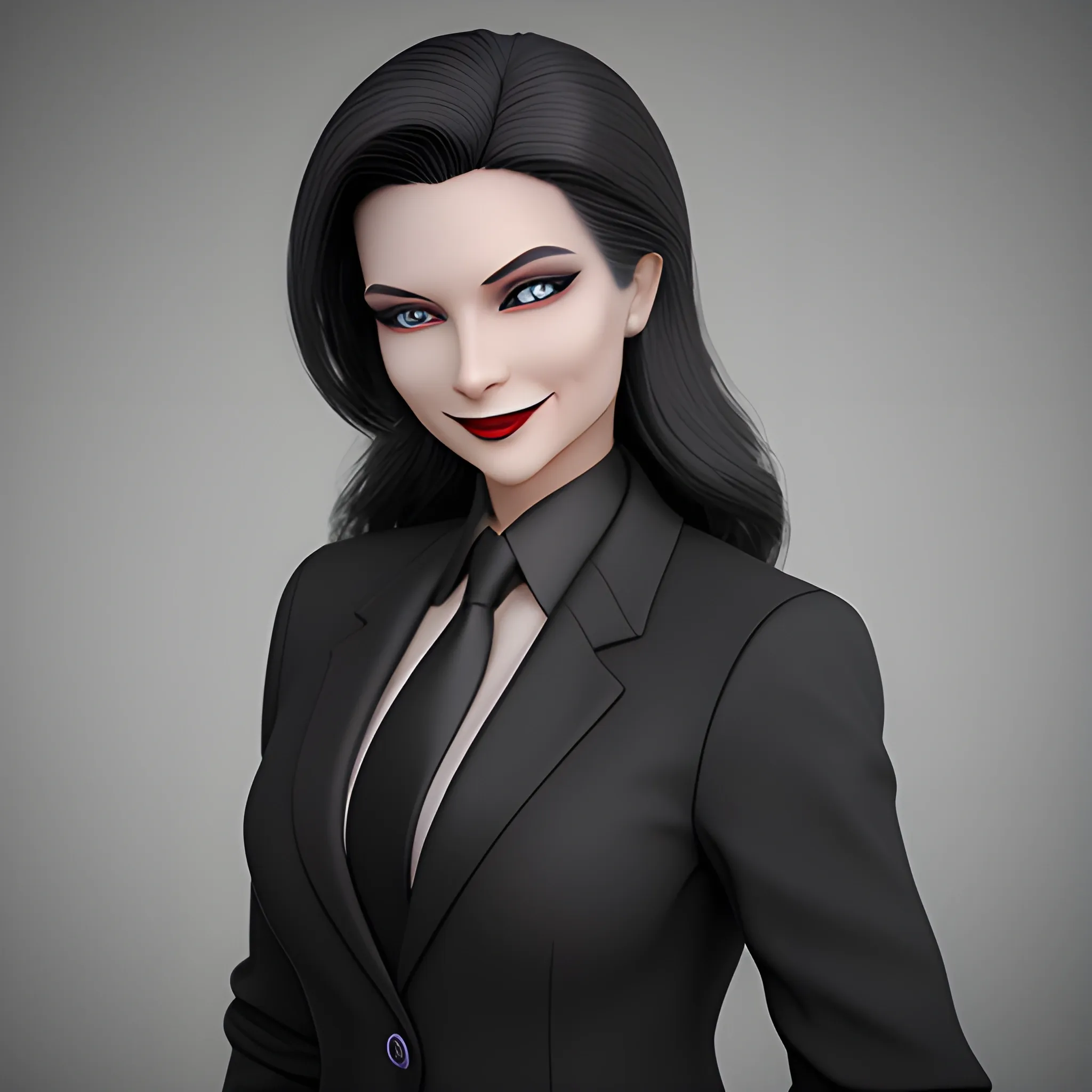 Beautiful black shoulder length haired business woman with black lipstick and eye makeup dressed in a an all black business suit black button up shirt black long tie full body pose smiling shrewdly photo realistic 24k ultra realistic quality 3D no deformation