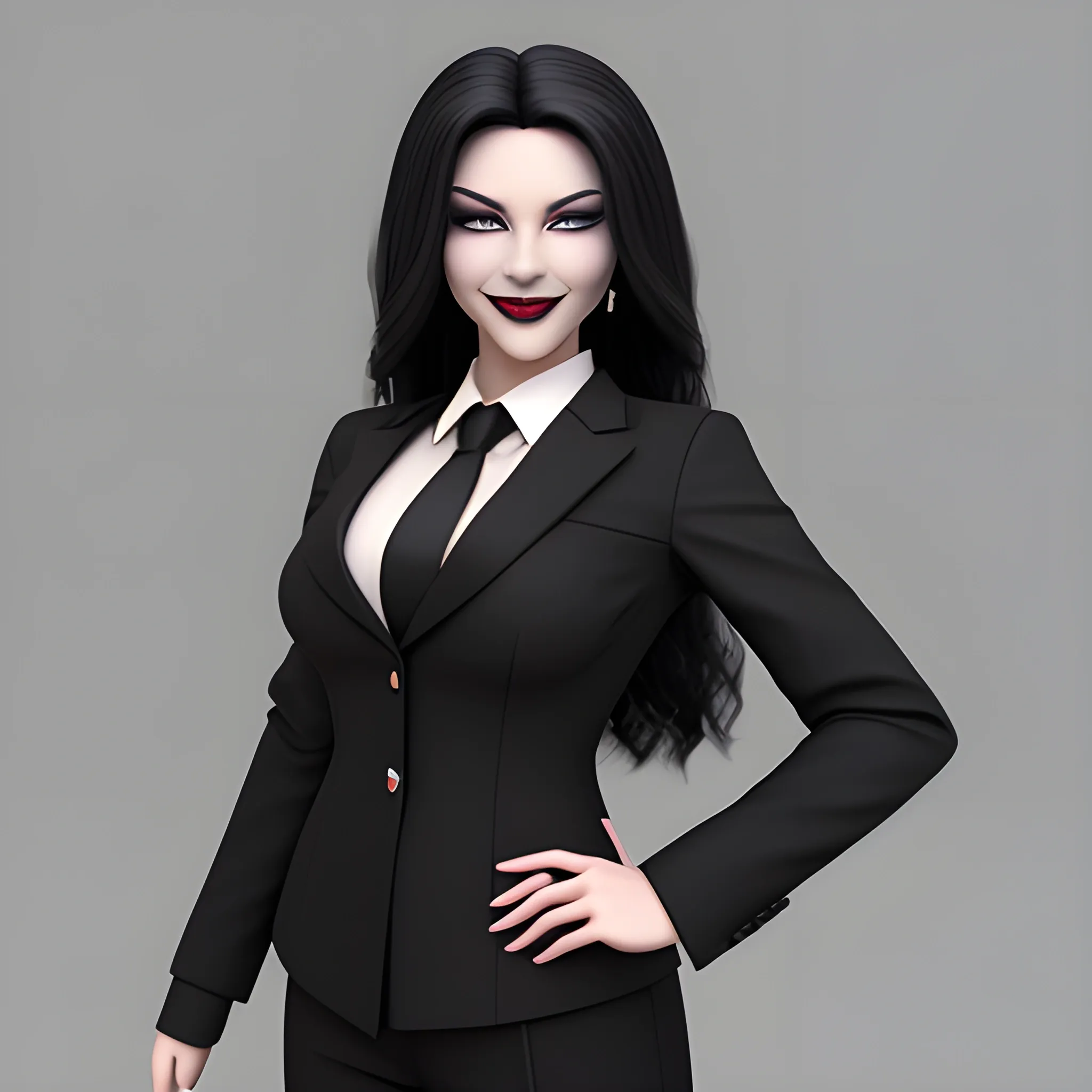 Beautiful black shoulder length haired business woman with black lipstick and eye makeup dressed in a an all black business suit black button up shirt black long tie full body pose smiling shrewdly photo realistic 24k ultra realistic quality 3D no deformation