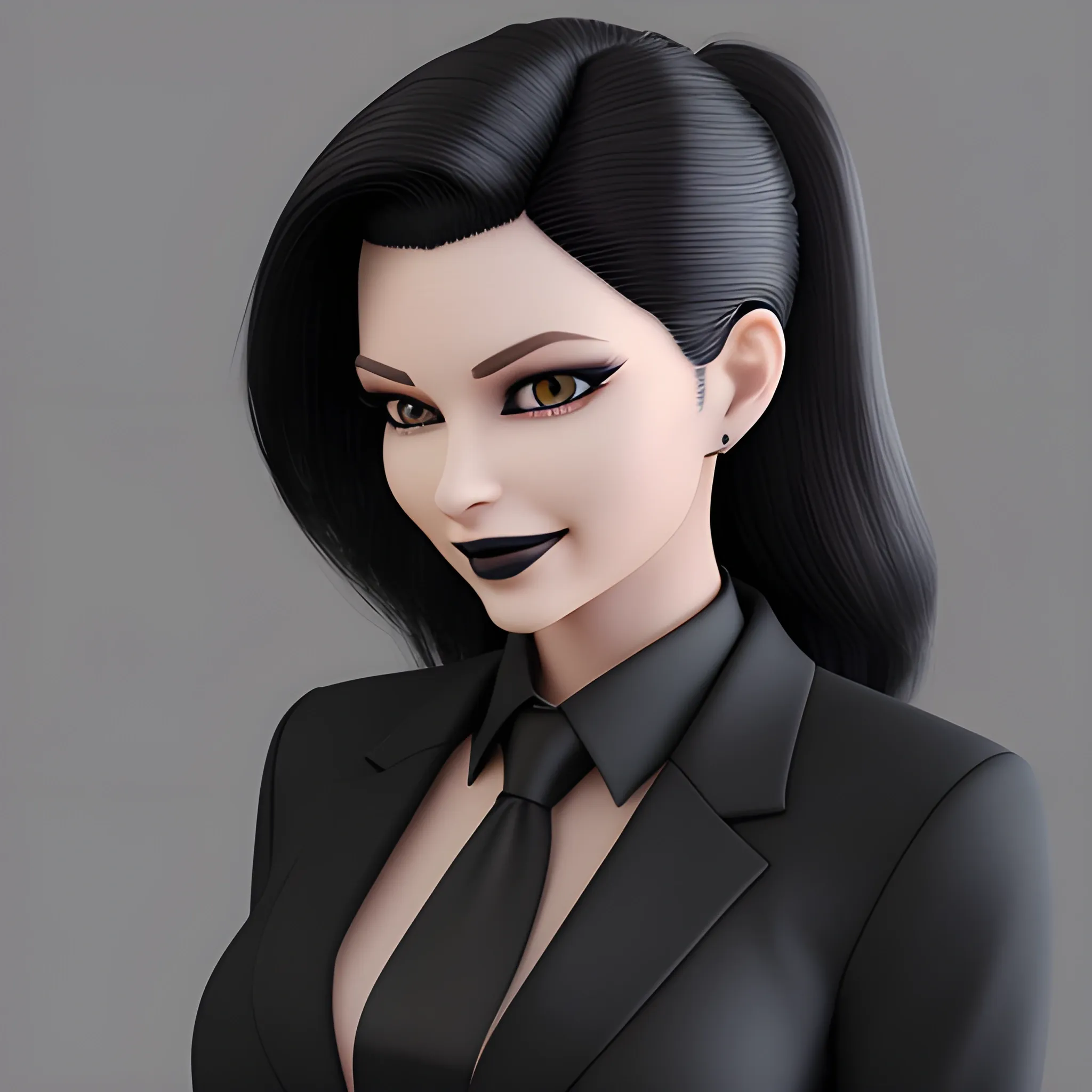 Beautiful black shoulder length haired business woman with black lipstick and eye makeup dressed in a an all black business suit black button up shirt black long tie full body pose smiling shrewdly photo realistic 24k ultra realistic quality 3D no deformation