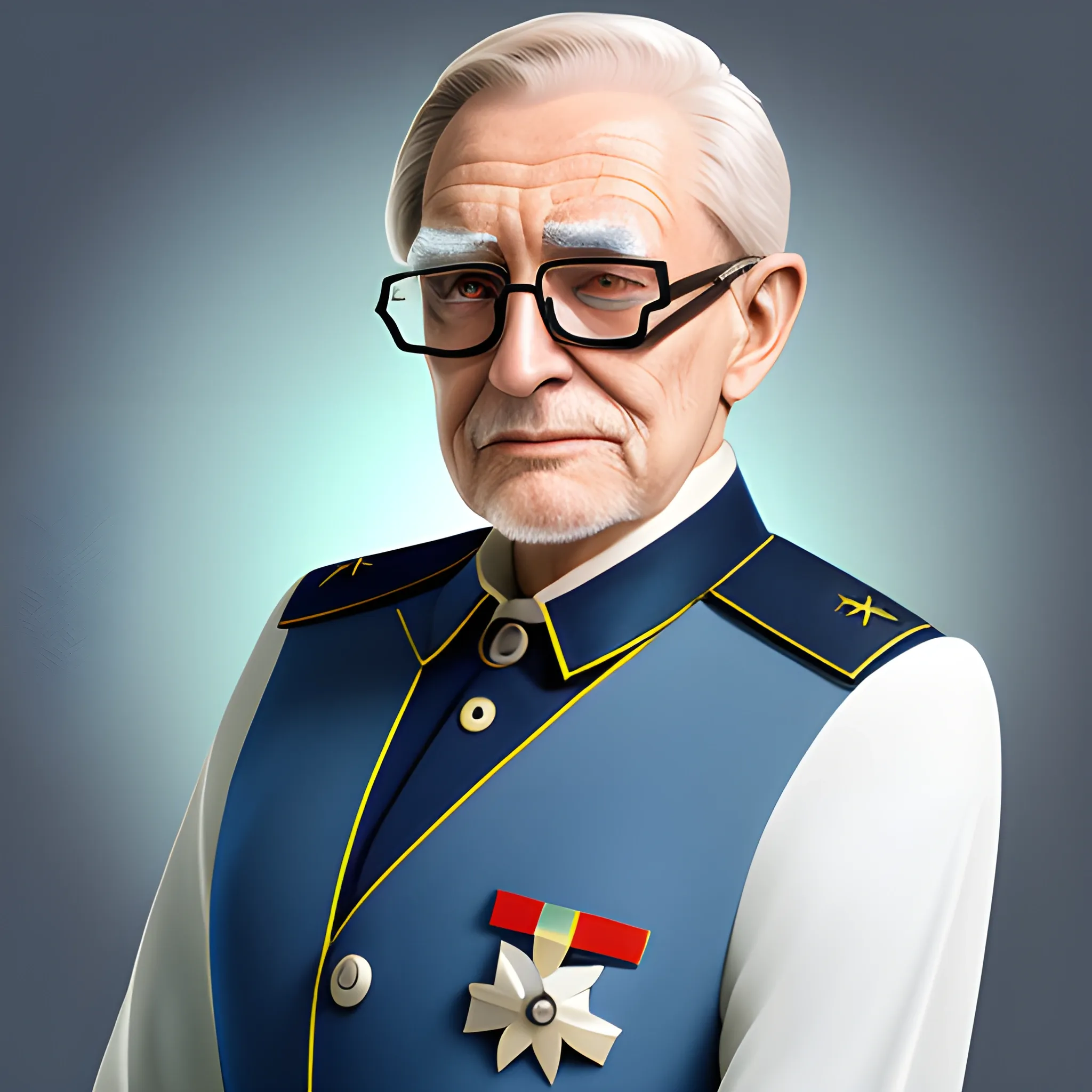 older man in futuristic uniform and spectacles