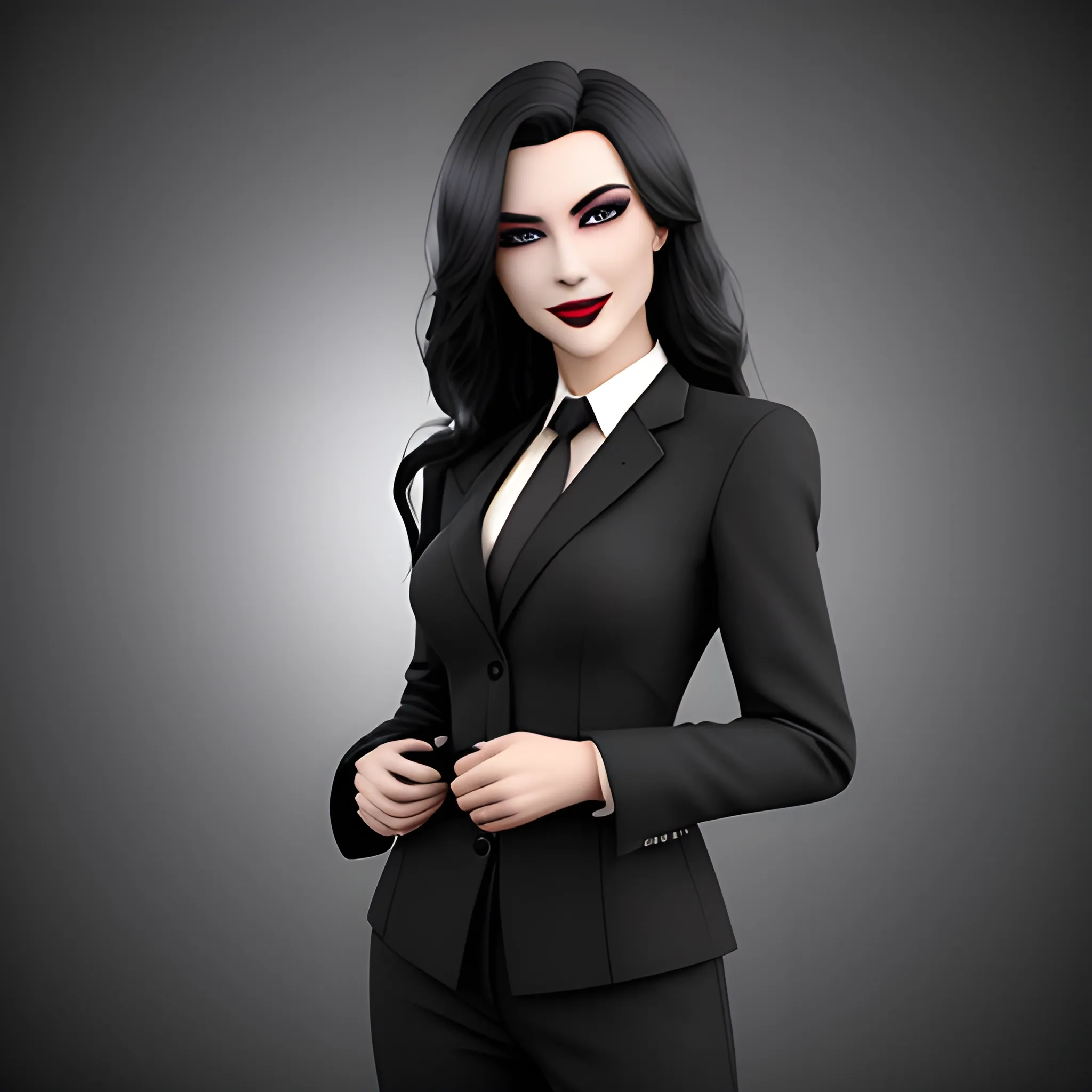 Beautiful black shoulder length haired business woman with black lipstick and eye makeup dressed in a an all black business suit black button up shirt black long tie full body pose smiling shrewdly photo realistic 24k ultra realistic quality 3D no deformation