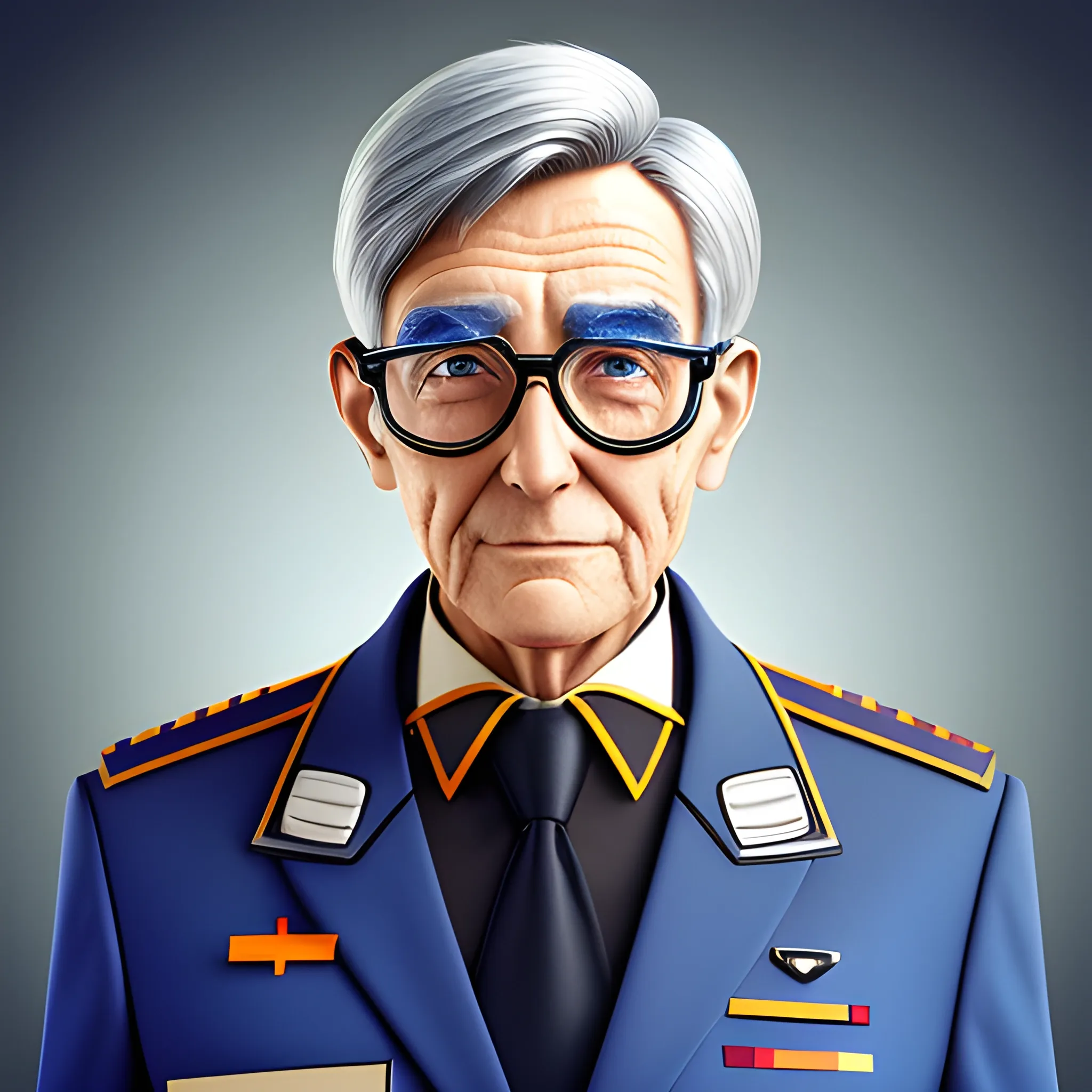 older man in futuristic uniform and spectacles