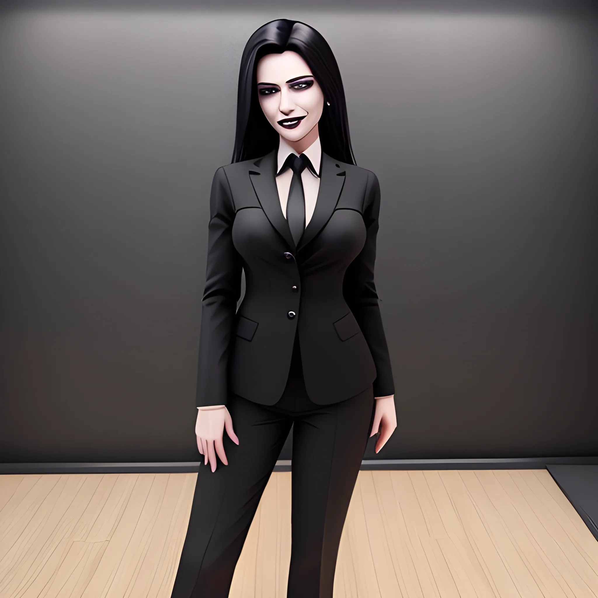 Beautiful black shoulder length haired business woman with black lipstick and eye makeup dressed in a an all black business suit black button up shirt black long tie full body pose smiling shrewdly photo realistic 24k ultra realistic quality 3D no deformation