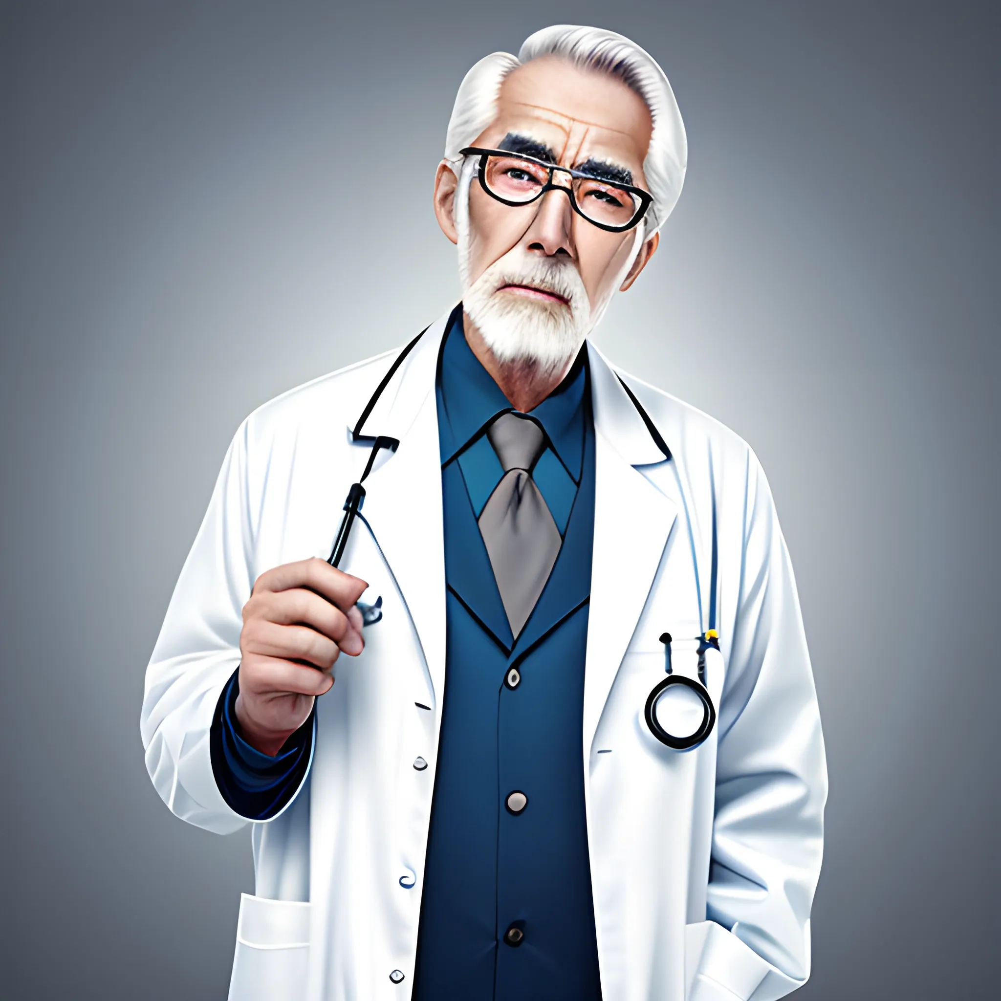 older man in futuristic labcoat and spectacles