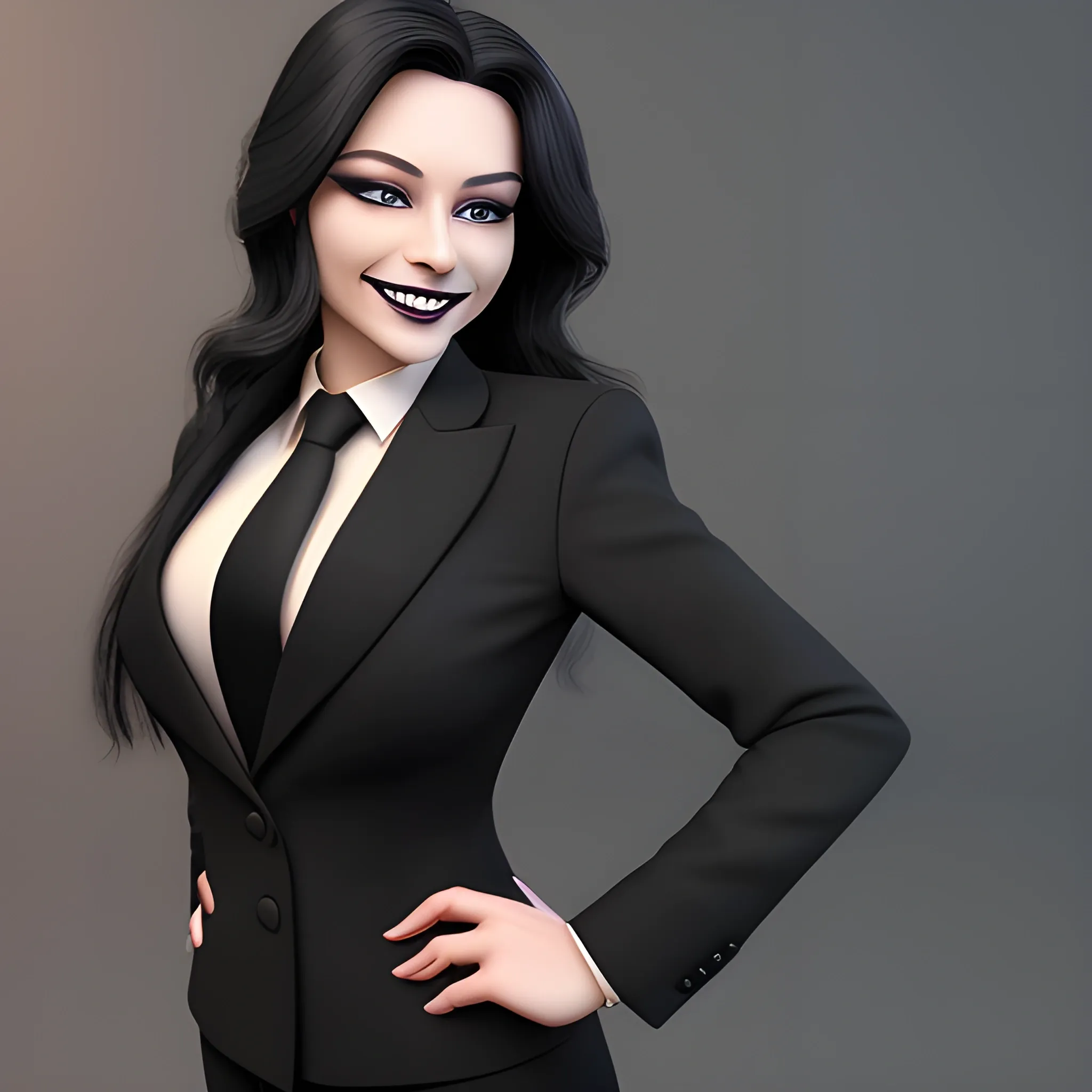 Beautiful black shoulder length haired business woman with black lipstick and eye makeup dressed in a an all black business suit black button up shirt black long tie full body pose smiling shrewdly photo realistic 24k ultra realistic quality 3D no deformation