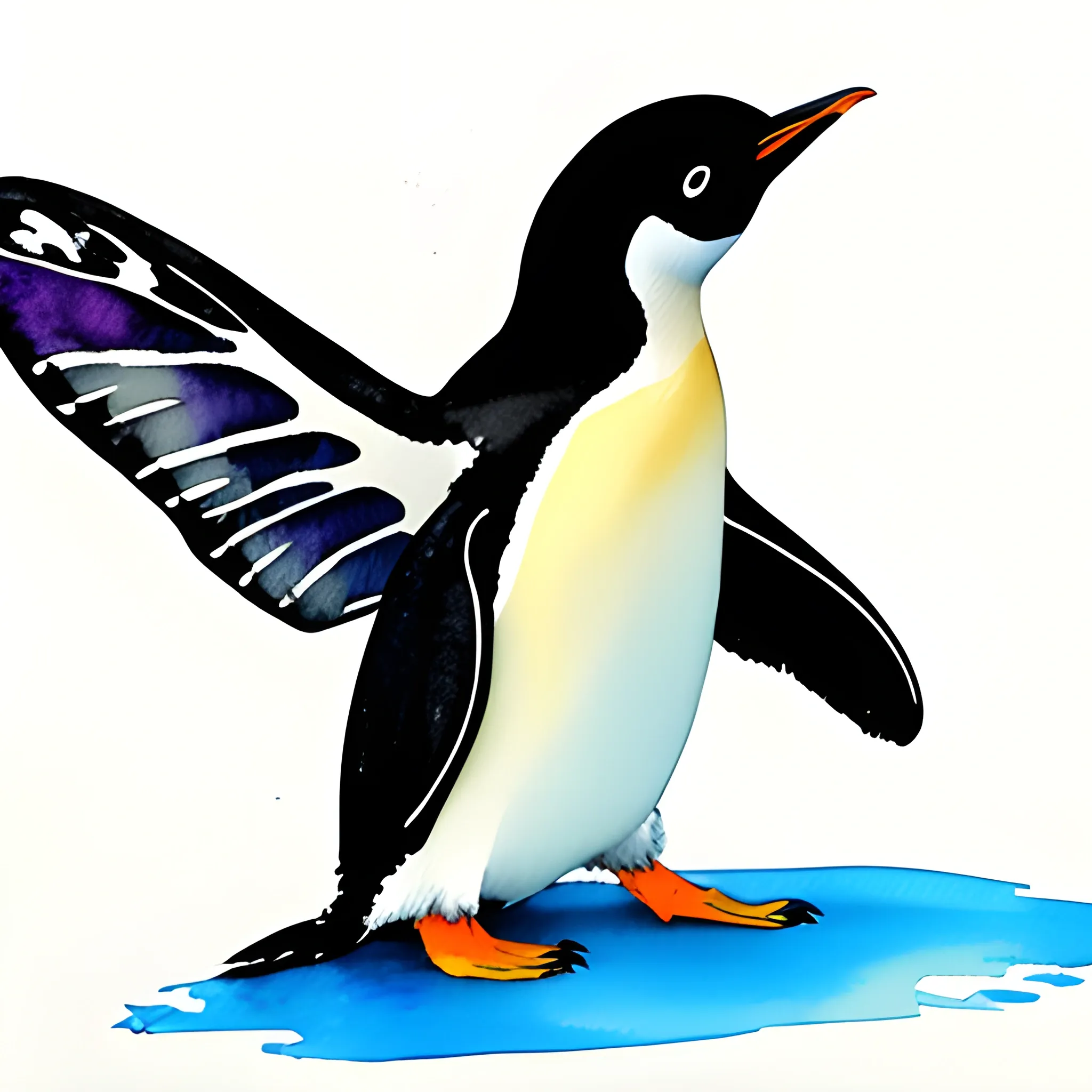 penguin with wings of butterfly, Water Color
