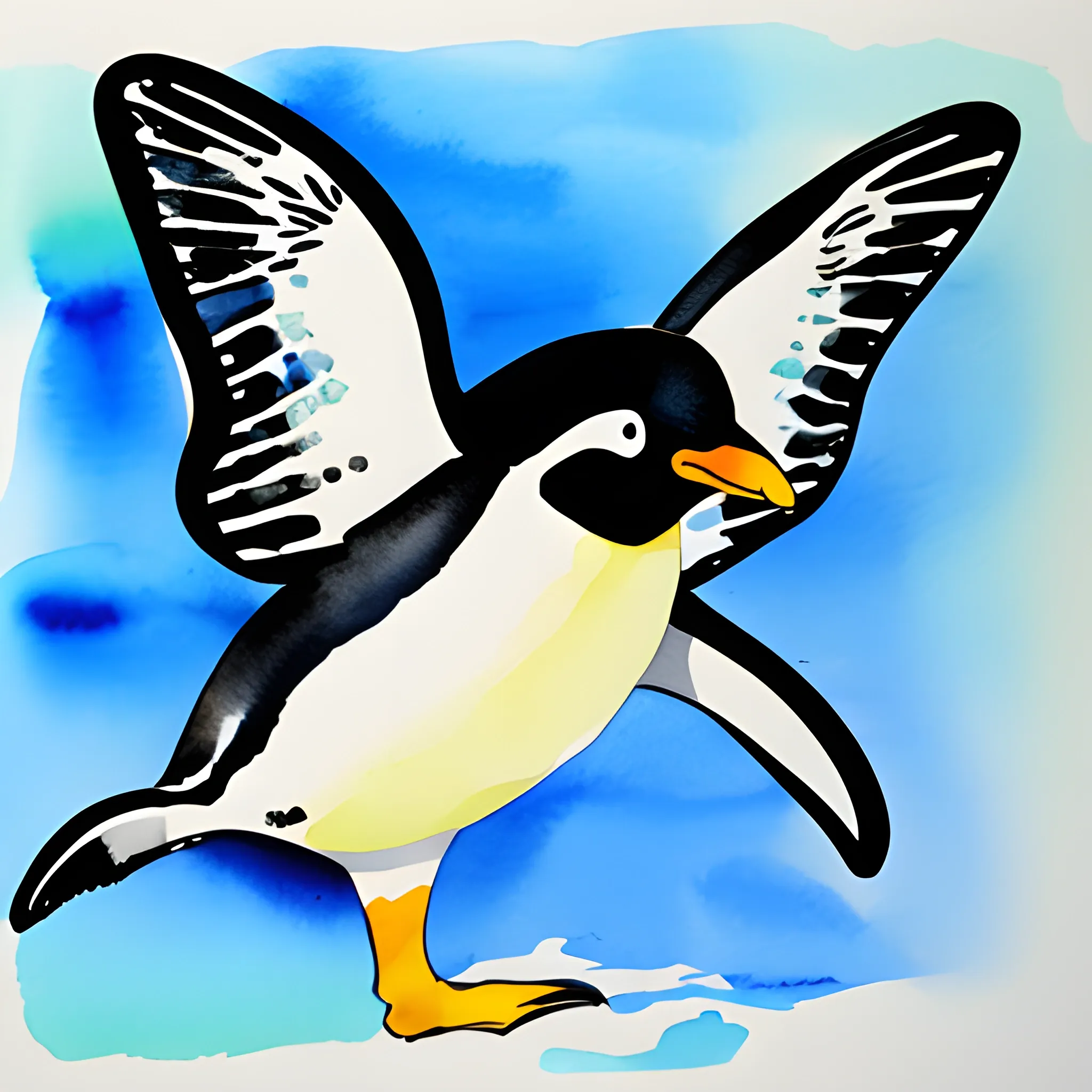 penguin with wings of butterfly, Water Color