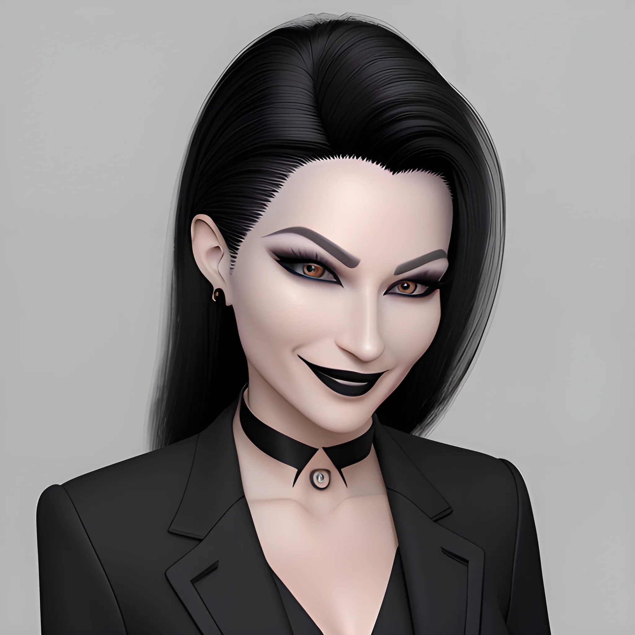 Beautiful black shoulder length haired business woman with black lipstick and eye makeup dressed in a an all black business suit black button up shirt black long tie full body pose smiling evil photo realistic 24k ultra realistic quality 3D no deformation