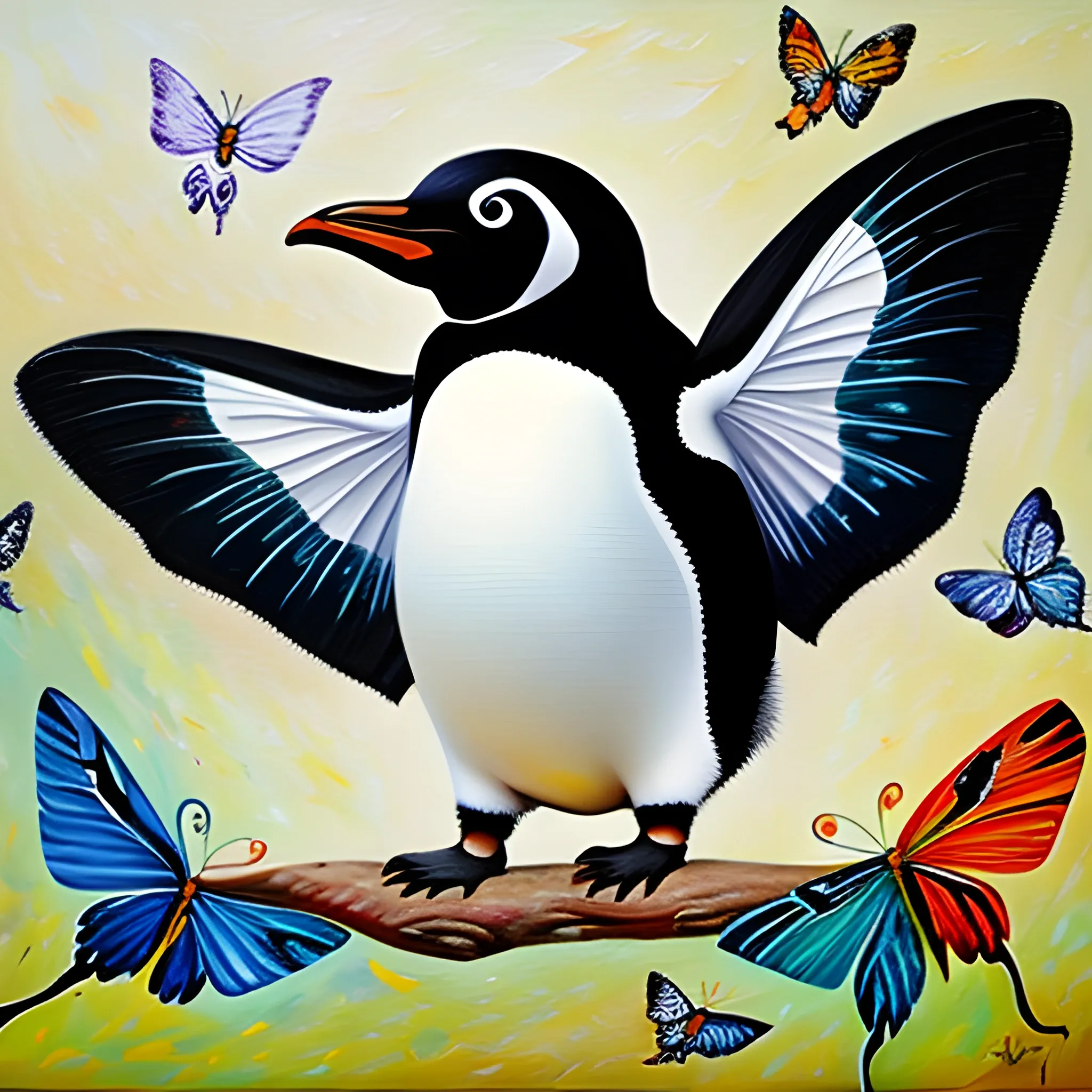 penguin with wings of butterfly, Oil Painting
