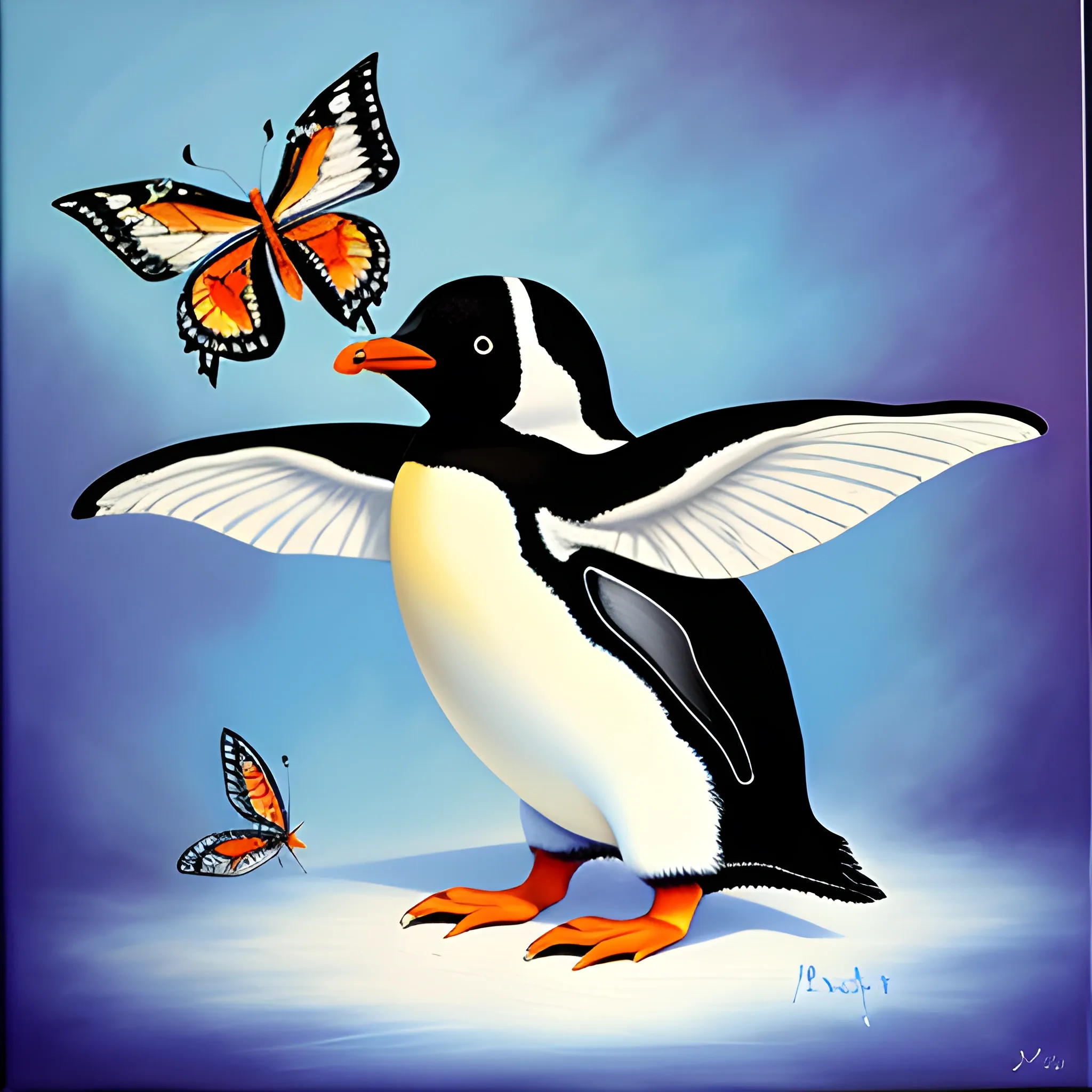 penguin with wings of butterfly, Oil Painting