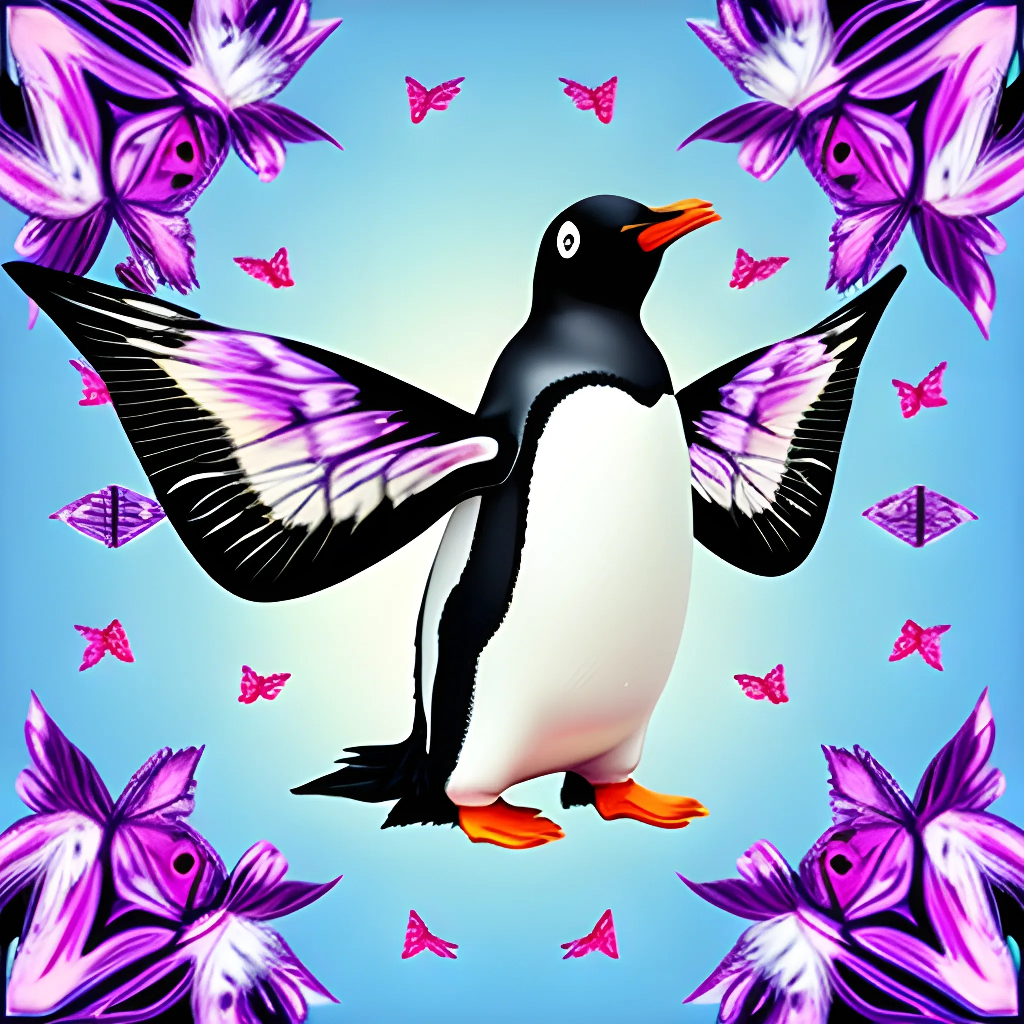 penguin with wings of butterfly, Trippy