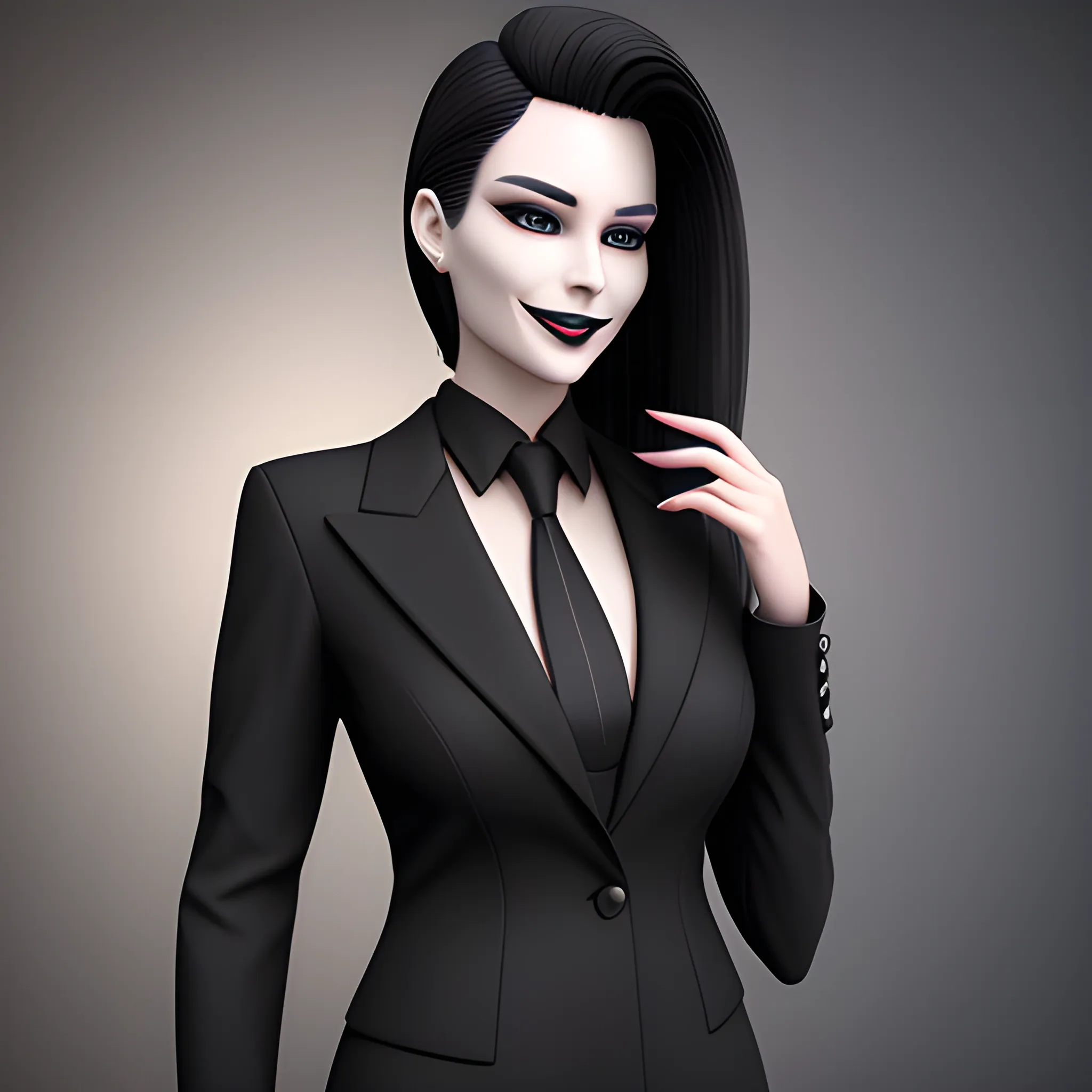 Beautiful black shoulder length haired business woman with black lipstick and eye makeup dressed in a an all black business suit black button up shirt black long tie full body pose smiling evil photo realistic 24k ultra realistic quality 3D no deformation