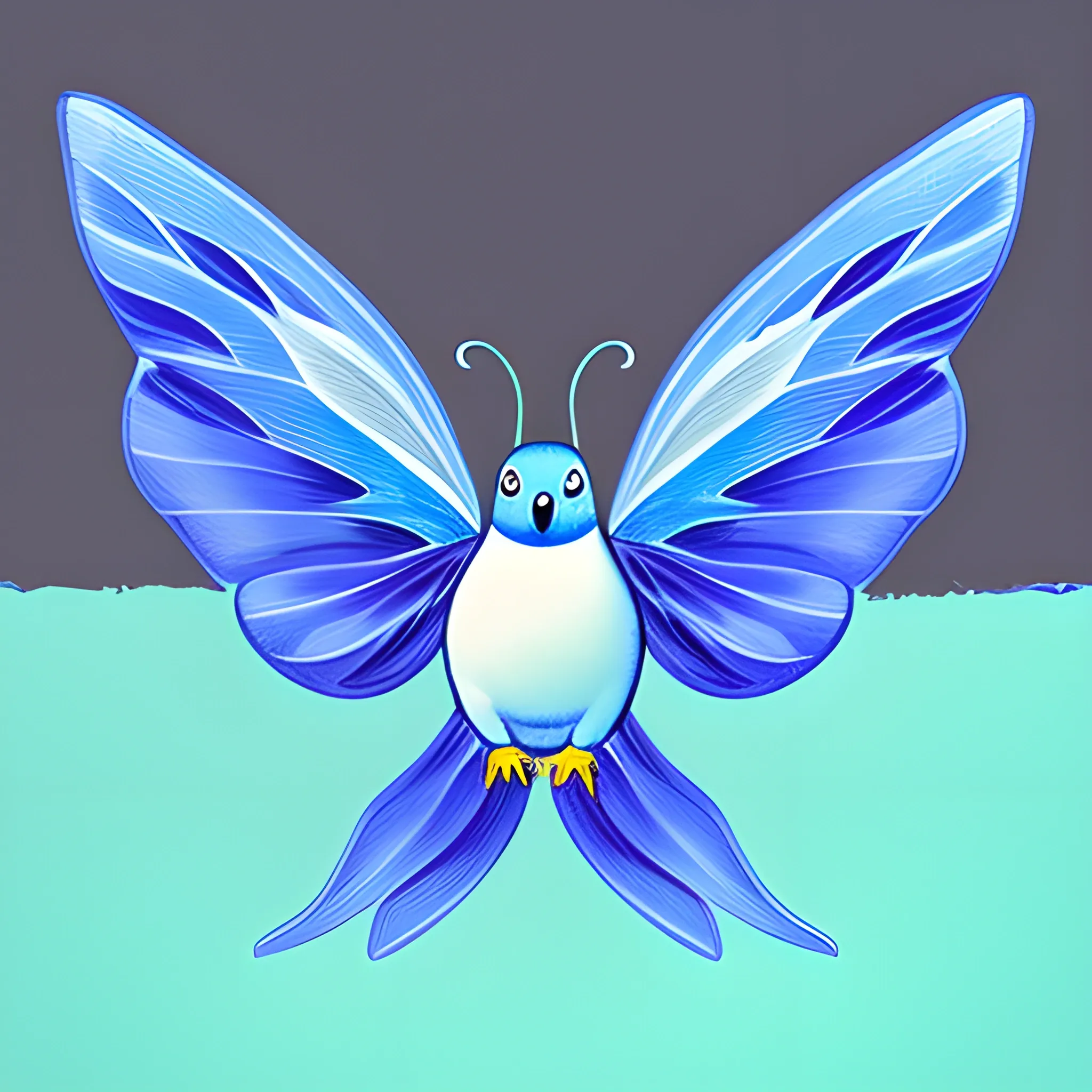 blue penguin with wings of butterfly , Trippy