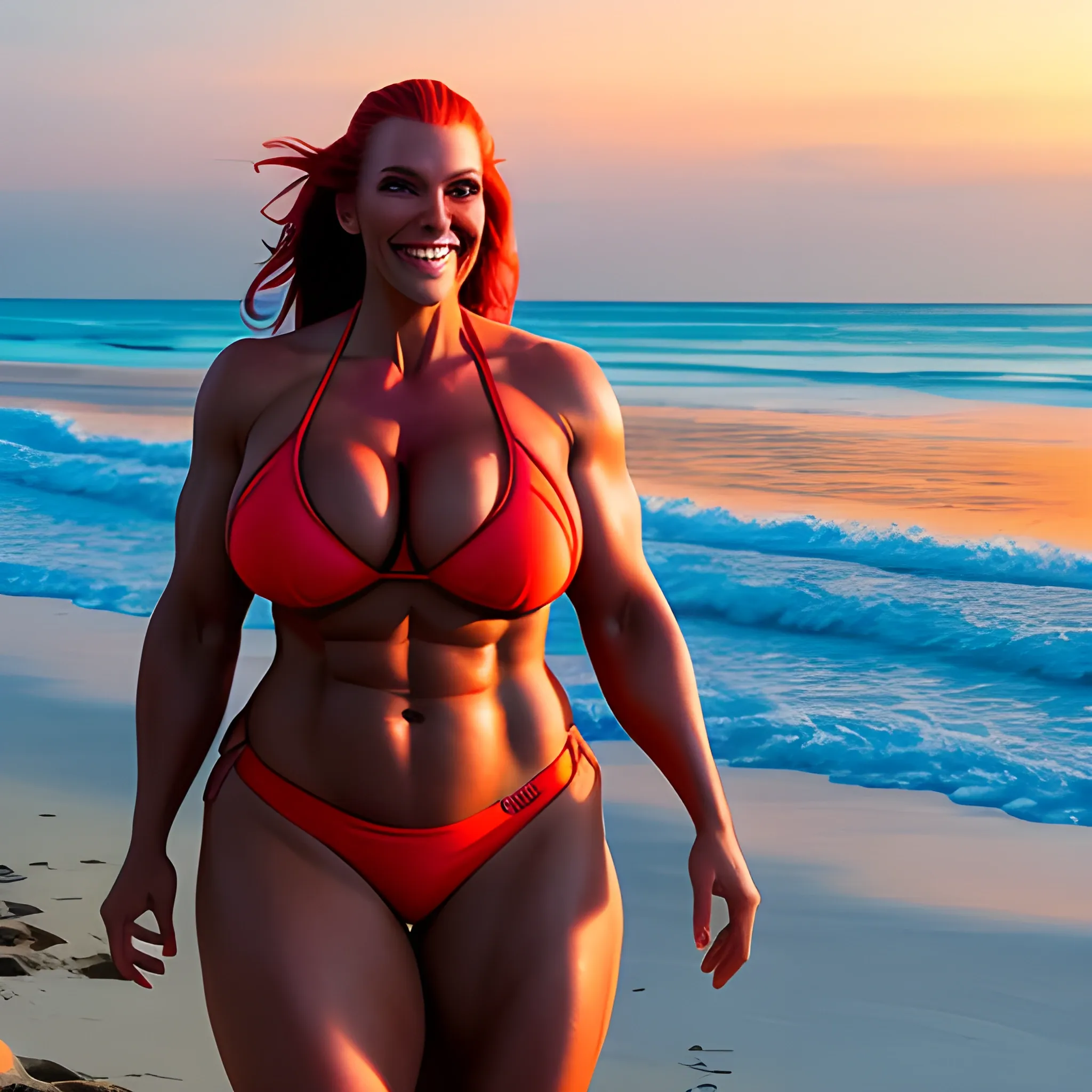 beautiful huge and tall muscular gently smiling young blonde girl exercising on tropical beach at sunset 