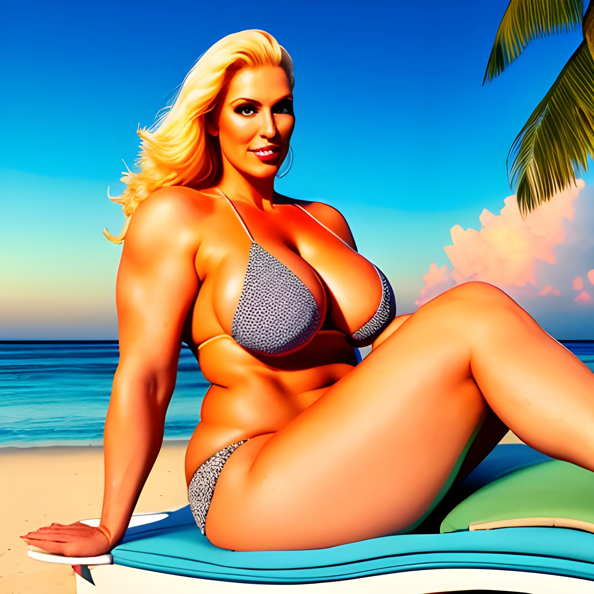 beautiful huge and tall muscular plus size blonde teenage girl on lounger on tropical beach at sunset