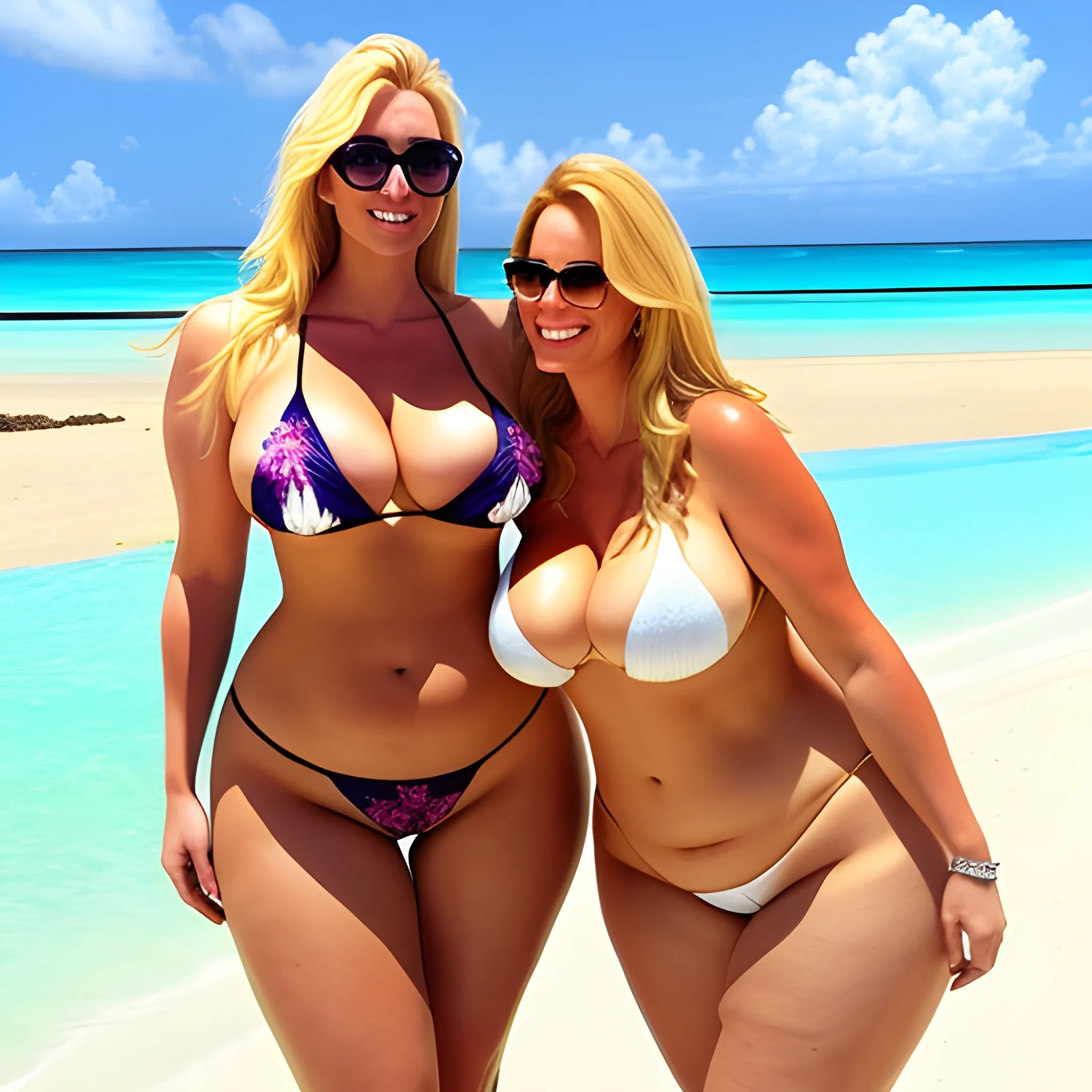 beautiful blonde mother with nice young tall plus size daughter on tropical beach 