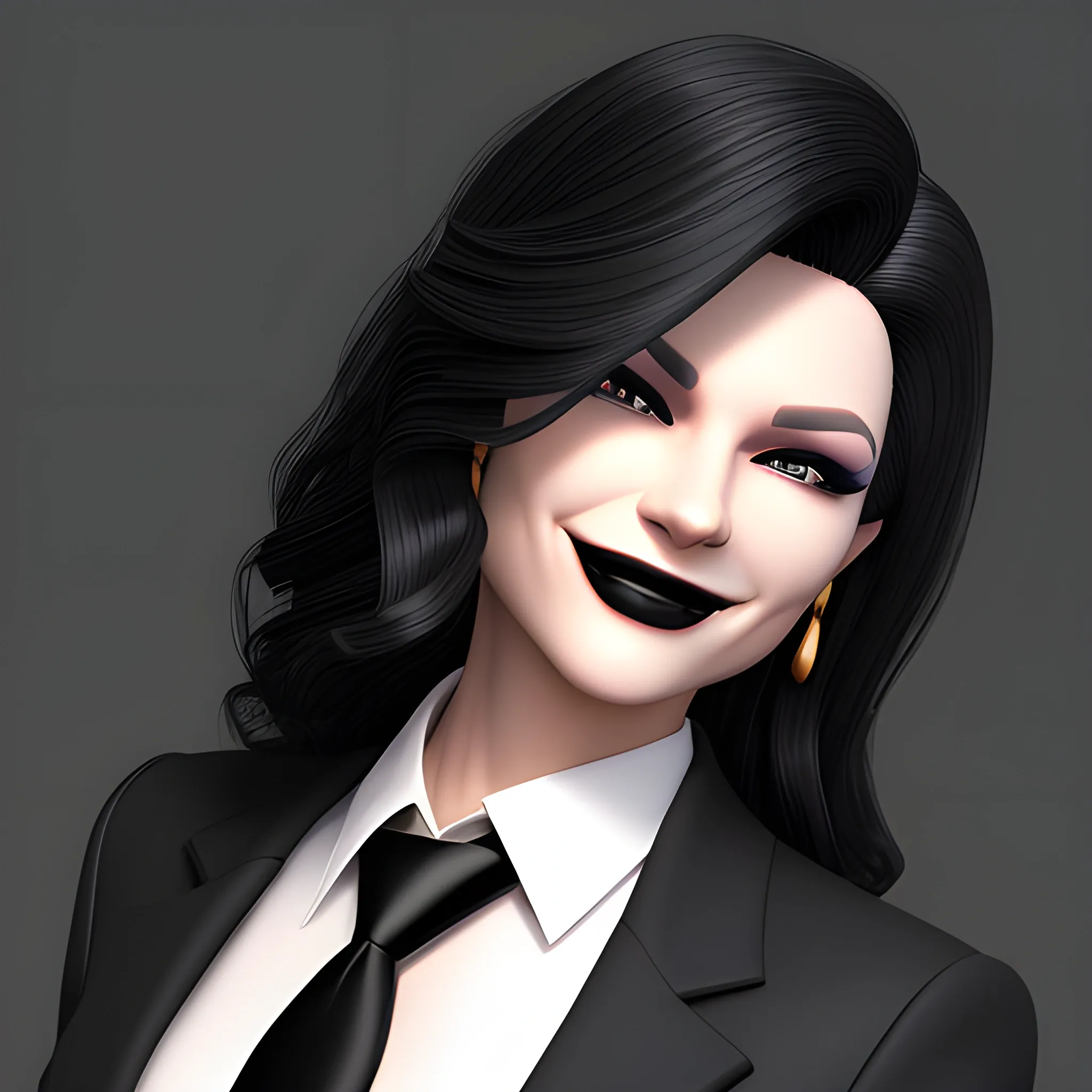 Beautiful black shoulder length haired business woman with black lipstick and eye makeup dressed in an all black business suit black button up shirt black long tie full body pose smiling evil photo realistic 24k ultra realistic quality 3D no deformation