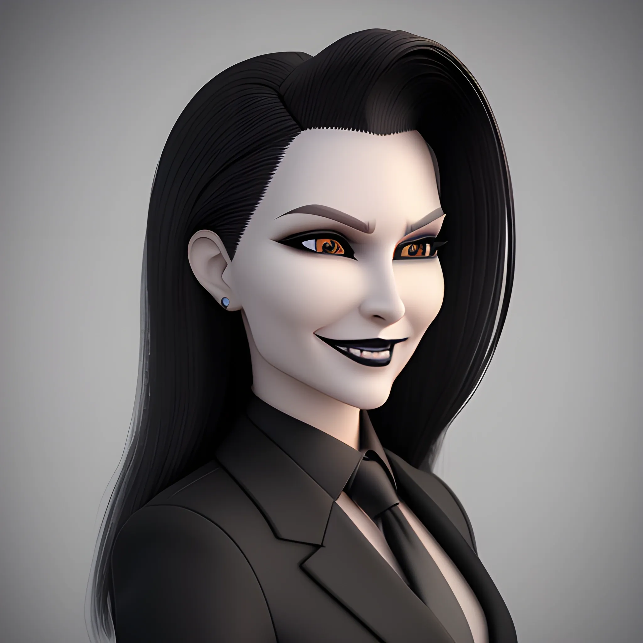 Beautiful black shoulder length haired business woman with black lipstick and eye makeup dressed in an all black business suit black button up shirt black long tie full body pose smiling evil photo realistic 24k ultra realistic quality 3D no deformation