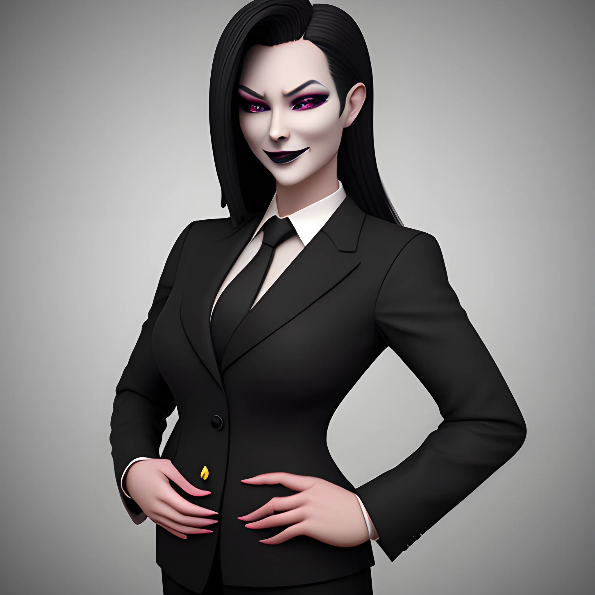 Beautiful black shoulder length haired business woman with black lipstick and eye makeup dressed in an all black business suit black button up shirt black long tie full body pose smiling evil photo realistic 24k ultra realistic quality 3D no deformation