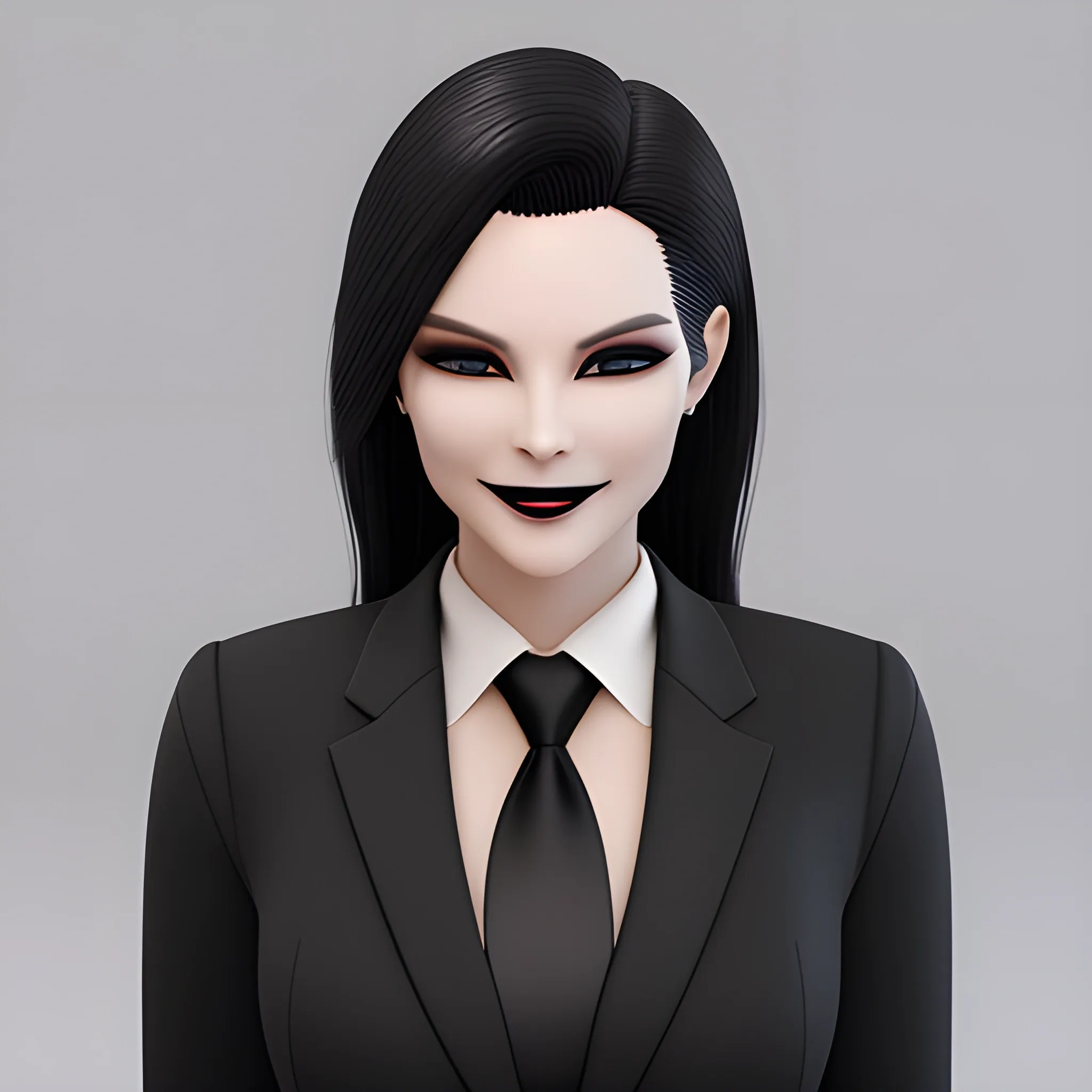 Beautiful black shoulder length haired business woman with black lipstick and eye makeup dressed in an all black business suit black button up shirt black long tie full body pose smiling evil photo realistic 24k ultra realistic quality 3D no deformation