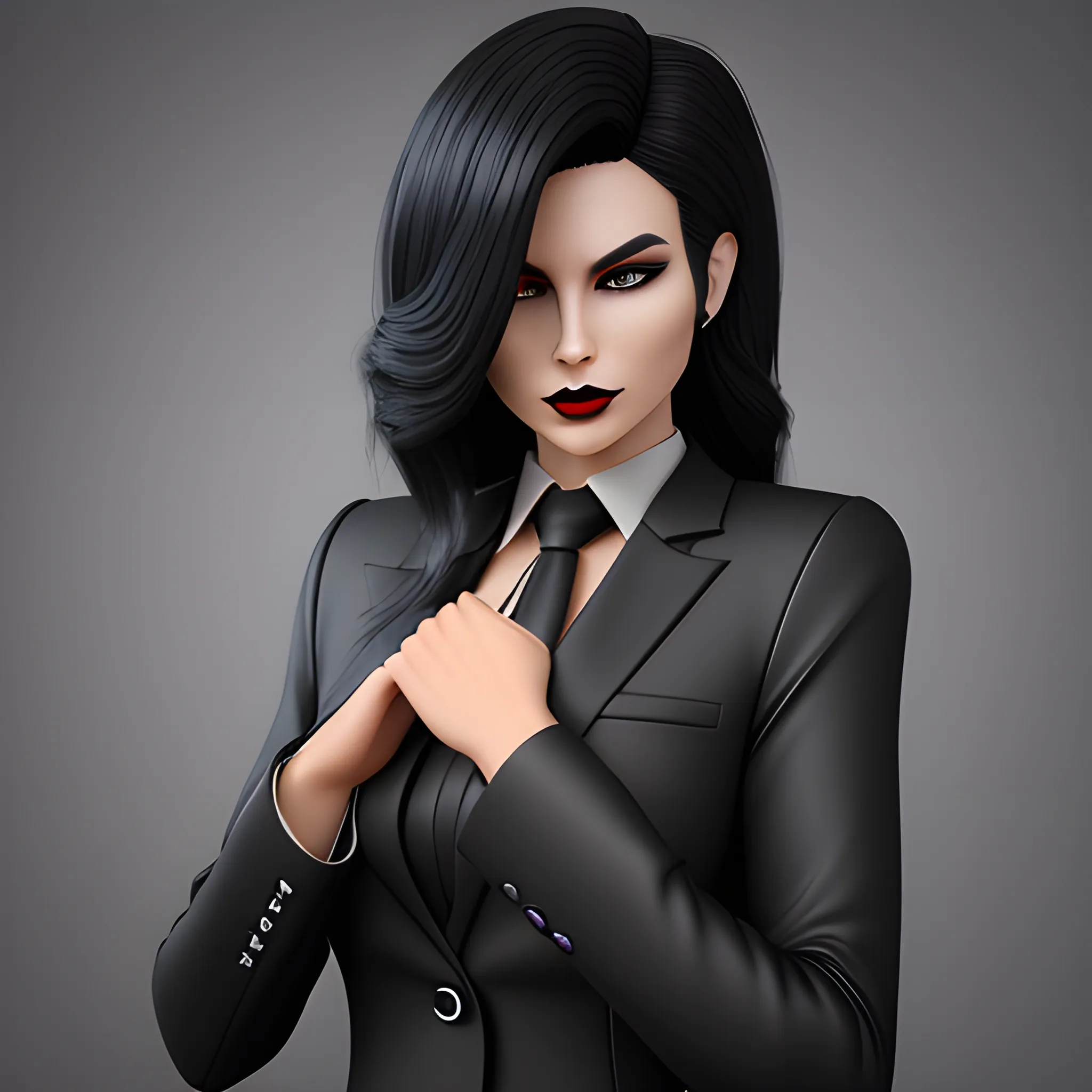 Beautiful black shoulder length haired business woman with black lipstick and eye makeup dressed in an all black business suit black button up shirt black long tie black leather gloves on hands full body pose photo realistic 24k ultra realistic quality 3D no deformation