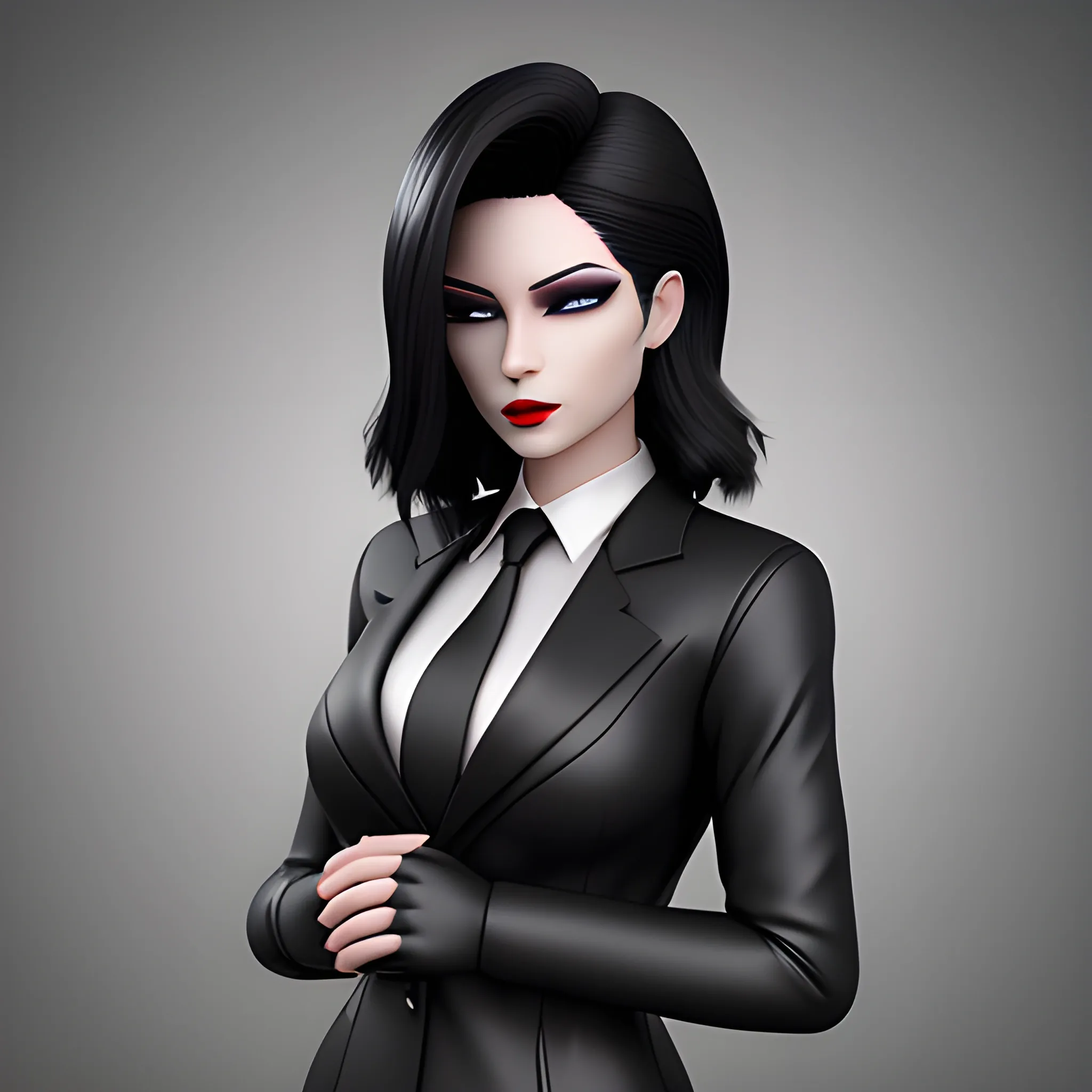 Beautiful black shoulder length haired business woman with black lipstick and eye makeup dressed in an all black business suit black button up shirt black long tie black leather gloves on hands full body pose photo realistic 24k ultra realistic quality 3D no deformation