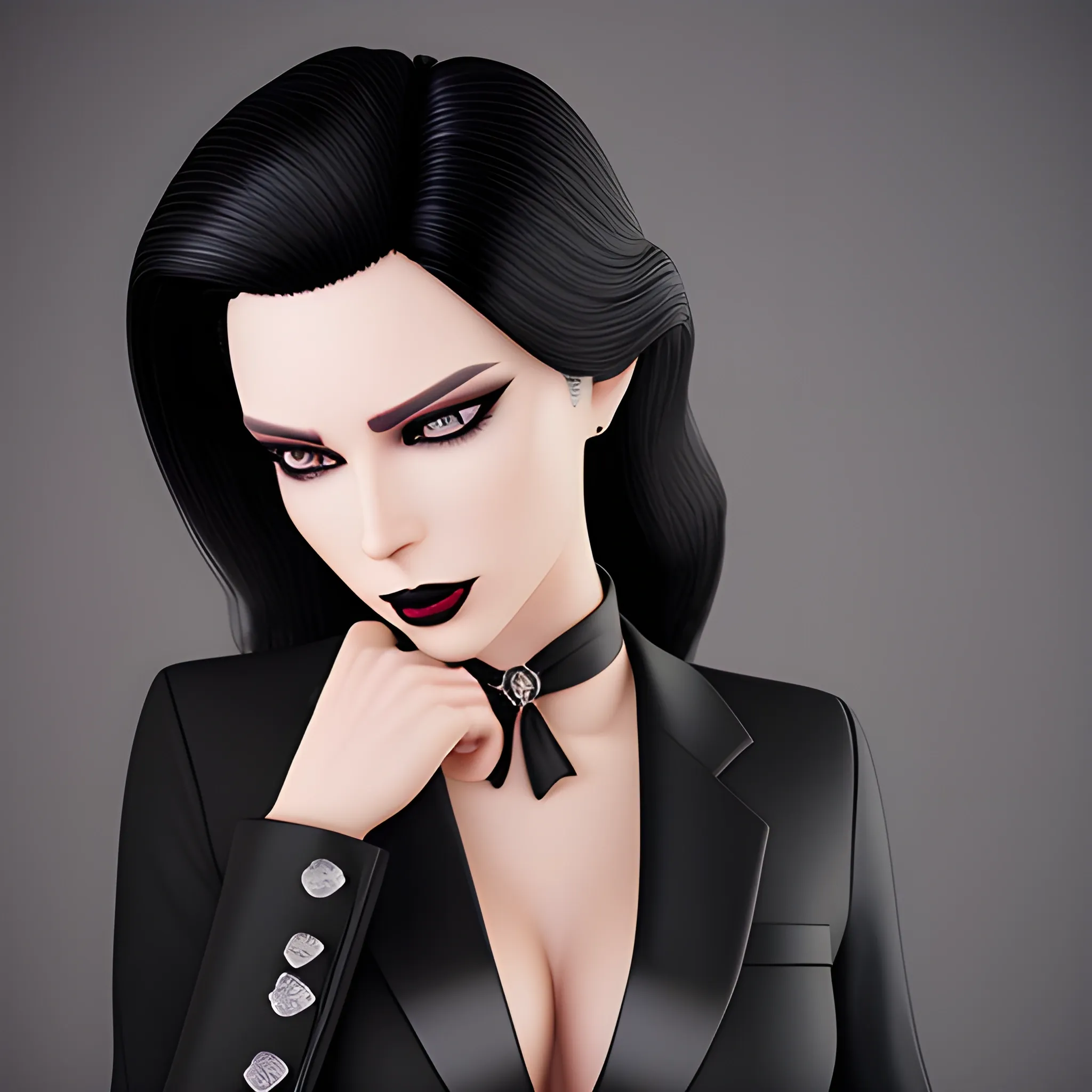 Beautiful black shoulder length haired business woman with black lipstick and eye makeup dressed in an all black business suit black button up shirt black long tie black leather full fingered gloves on hands full body pose photo realistic 24k ultra realistic quality 3D no deformation