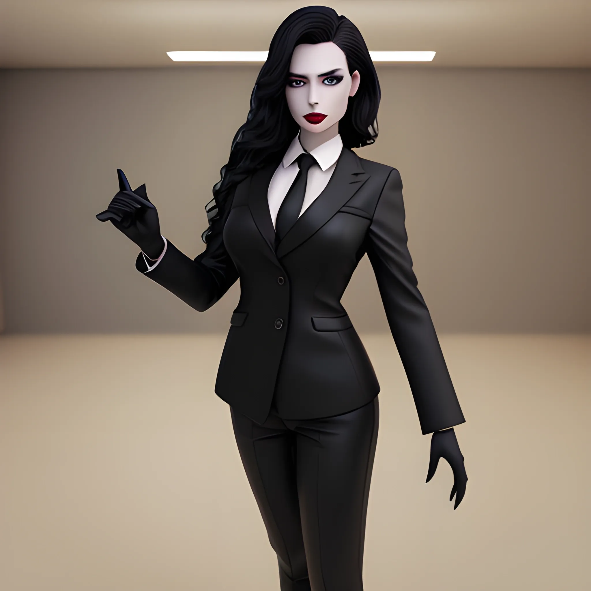 Beautiful black shoulder length haired business woman with black lipstick and eye makeup dressed in an all black business suit black button up shirt black long tie black leather full fingered gloves on hands full body pose photo realistic 24k ultra realistic quality 3D no deformation