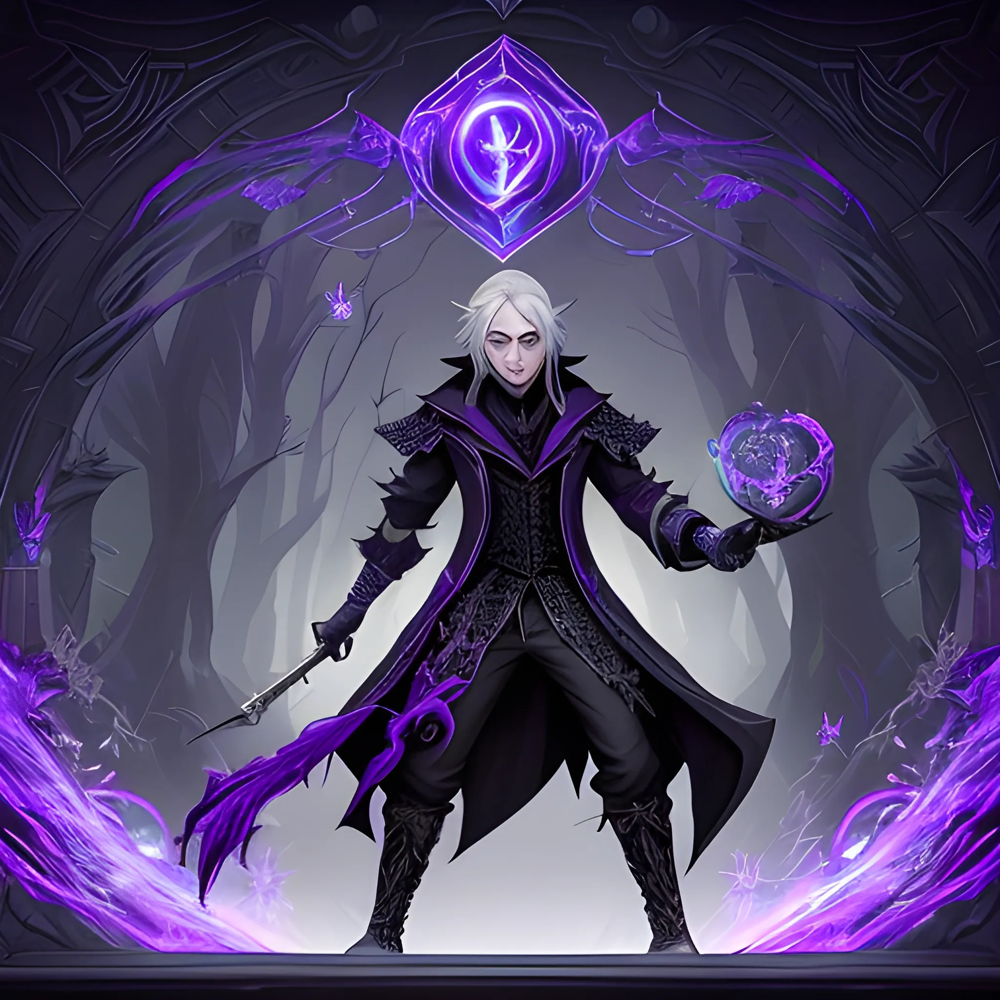 A hyper detailed, gaming style scenery of a mysterious magician, who is a character in a game like Dota 2, about magical adventures, witches and magicians, with grey hair, wearing a fantasy style dark purple and black wear, wrapped in black lines with beautiful dynamic background