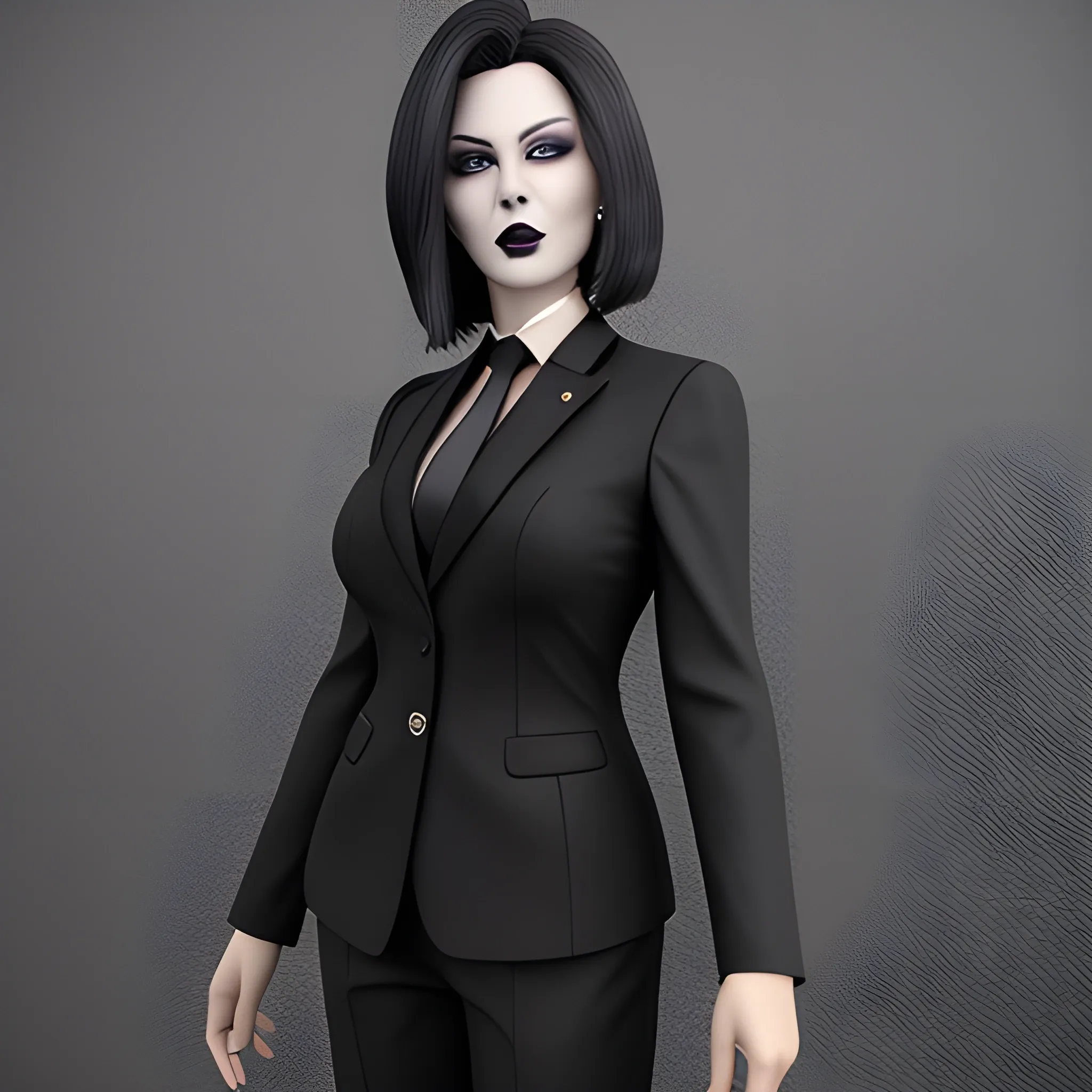 Beautiful grayish shoulder length haired 60 year old business woman with black lipstick and eye makeup dressed in an all black business suit black button up shirt black long tie full body pose photo realistic 24k ultra realistic quality 3D no deformation