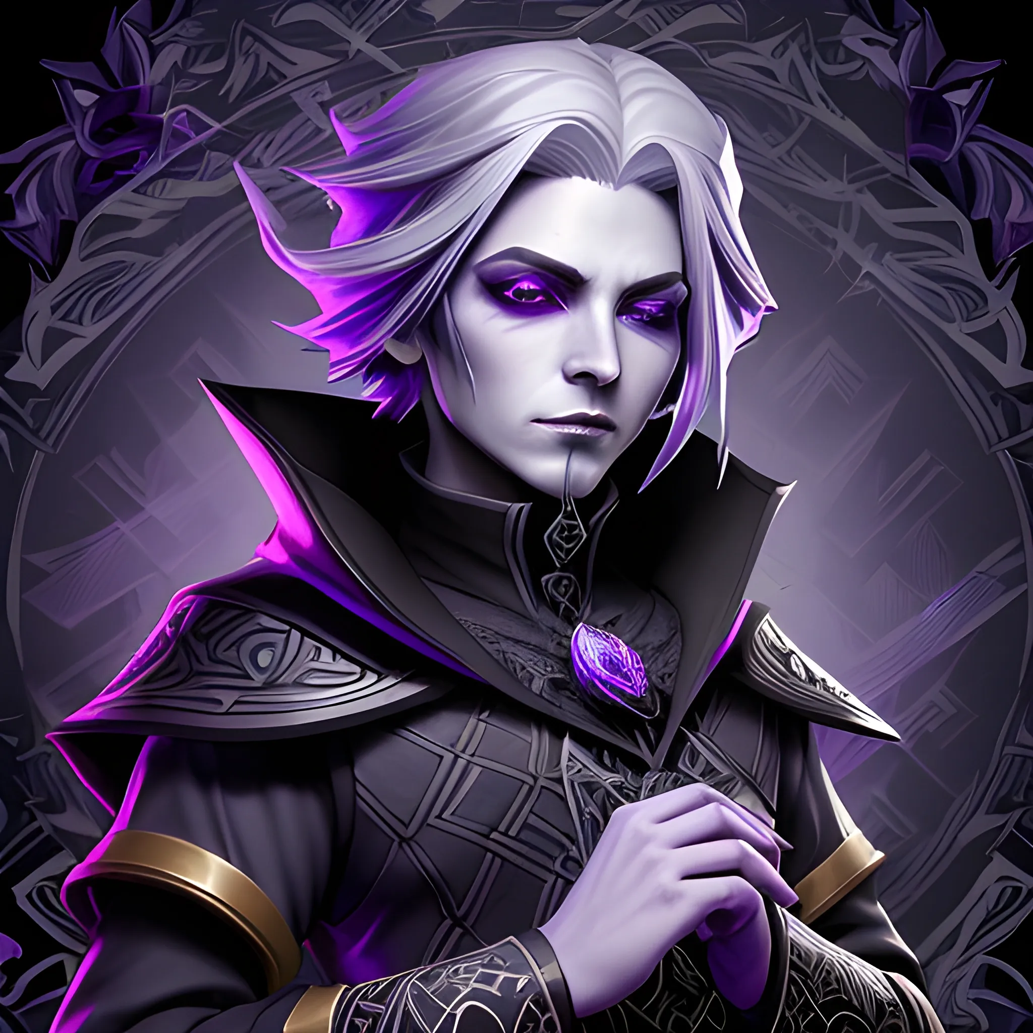 A hyper detailed, gaming style portrait of a mysterious magician, who is a character in a game like Dota 2, about magical adventures, witches and magicians, with grey hair, wearing a fantasy style dark purple and black wear, wrapped in black lines with beautiful dynamic background