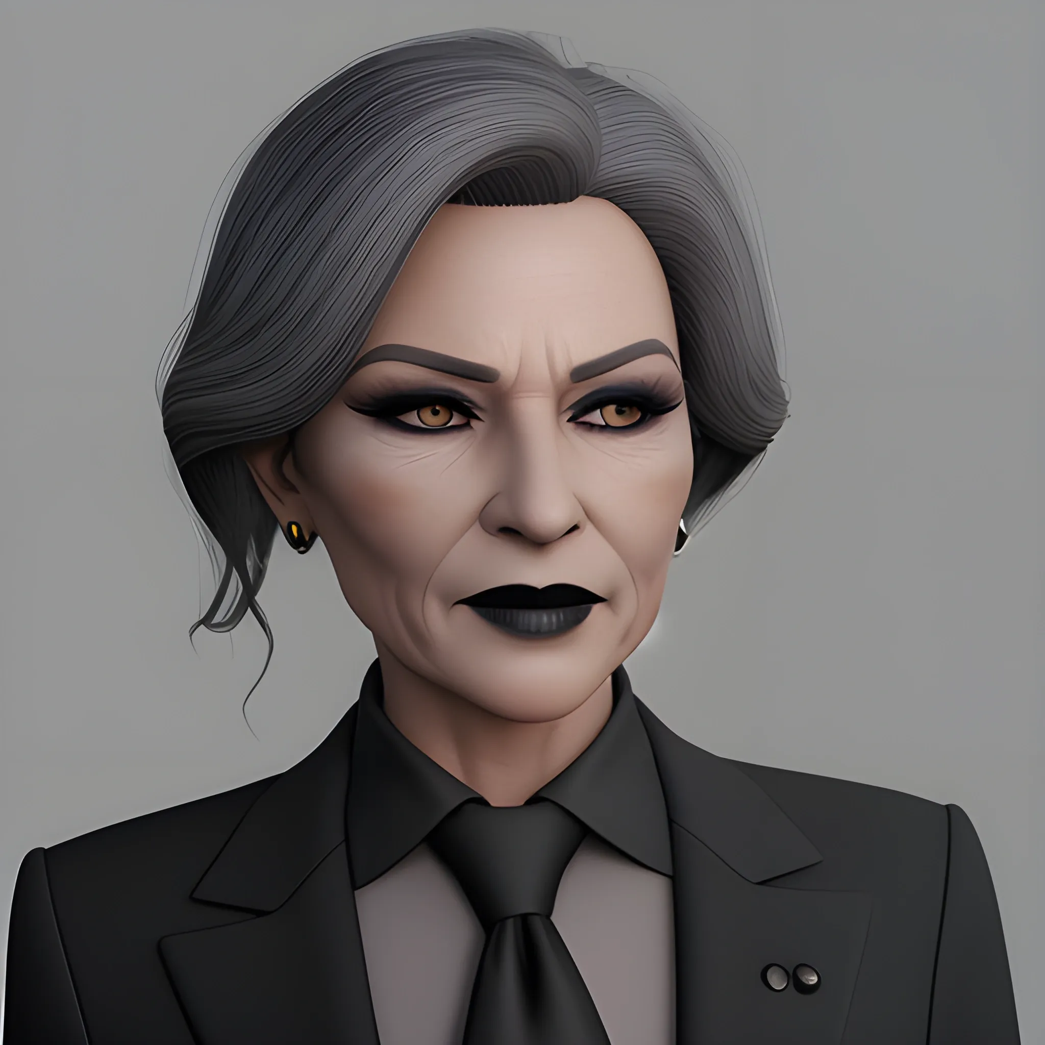 Beautiful grayish shoulder length haired 60 year old business woman with black lipstick and eye makeup dressed in an all black business suit black button up shirt black long tie full body pose photo realistic 24k ultra realistic quality 3D no deformation