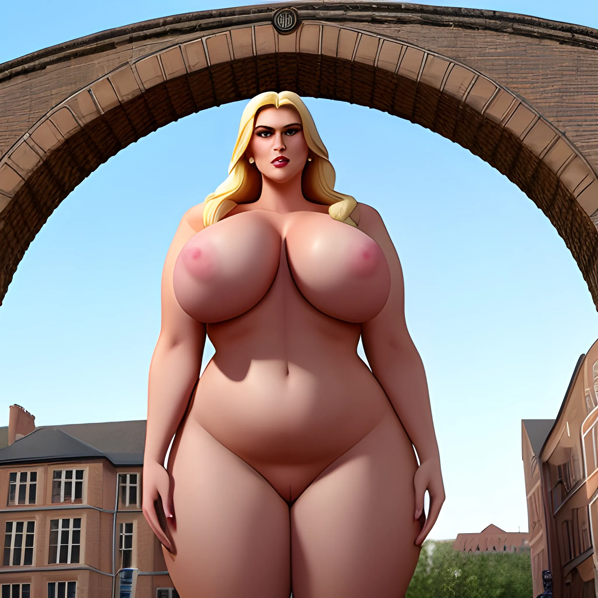 huge and very tall friendly blonde plus size girl with small head and broad shoulders, not curvy but massive, on busy schoolyard towerring among other students and teachers