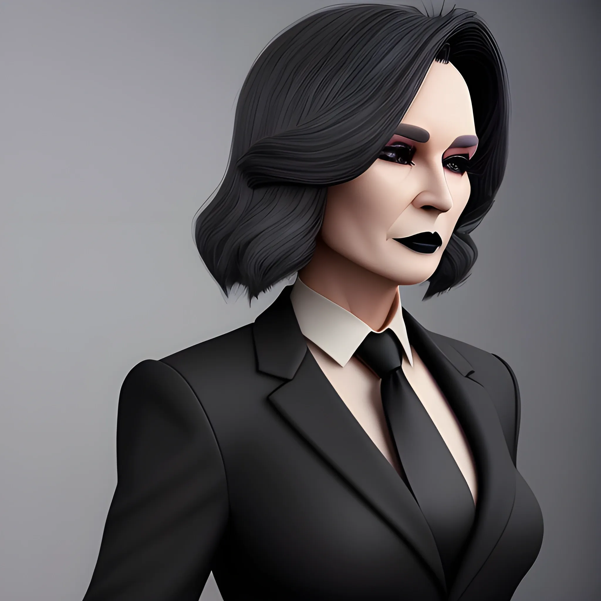 Beautiful grayish shoulder length haired 60 year old business woman with black lipstick and eye makeup dressed in an all black business suit black button up shirt black long tie full body pose photo realistic 24k ultra realistic quality 3D no deformation