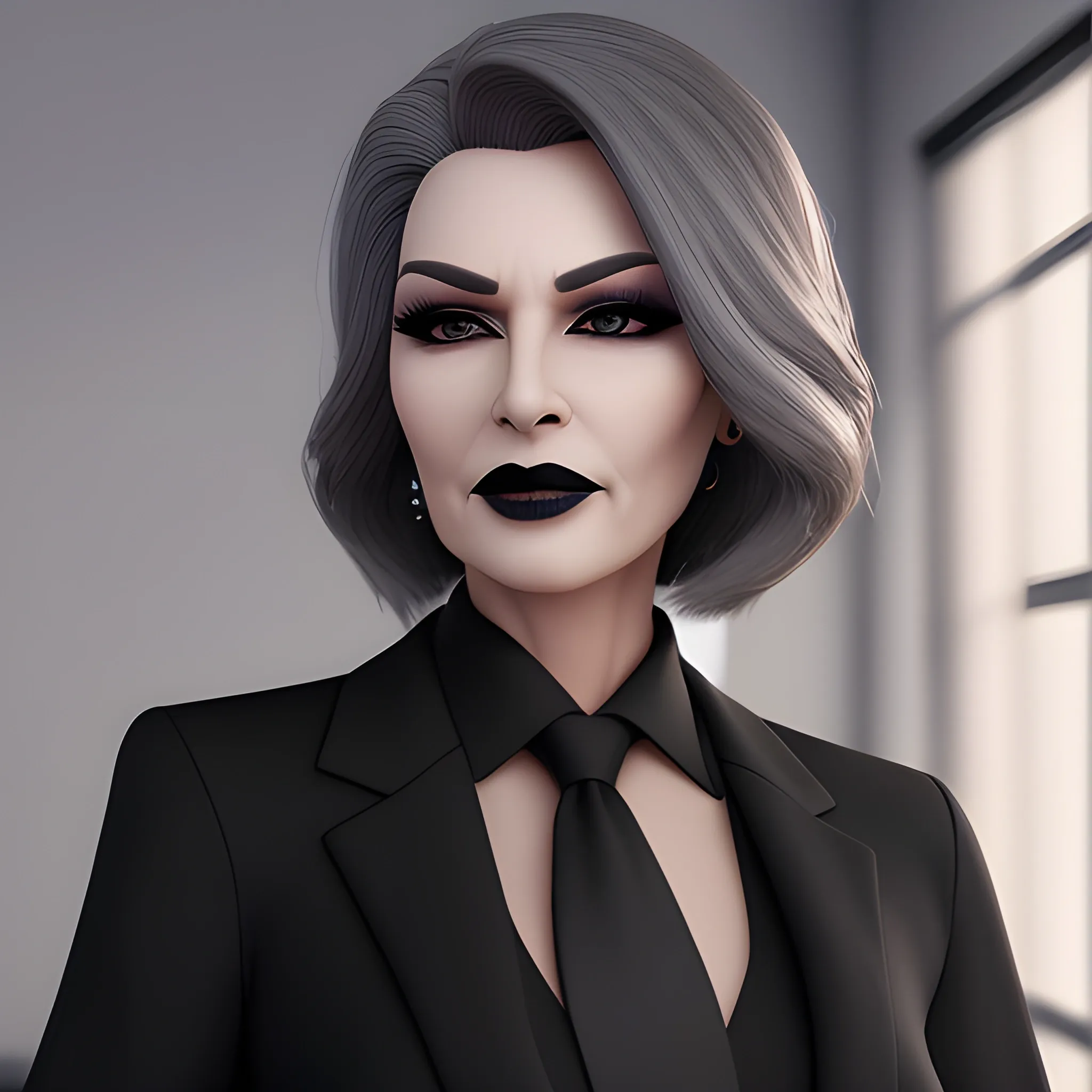 Beautiful grayish shoulder length haired 60 year old business woman with black lipstick and eye makeup dressed in an all black business suit black button up shirt black long tie full body pose photo realistic 24k ultra realistic quality 3D no deformation