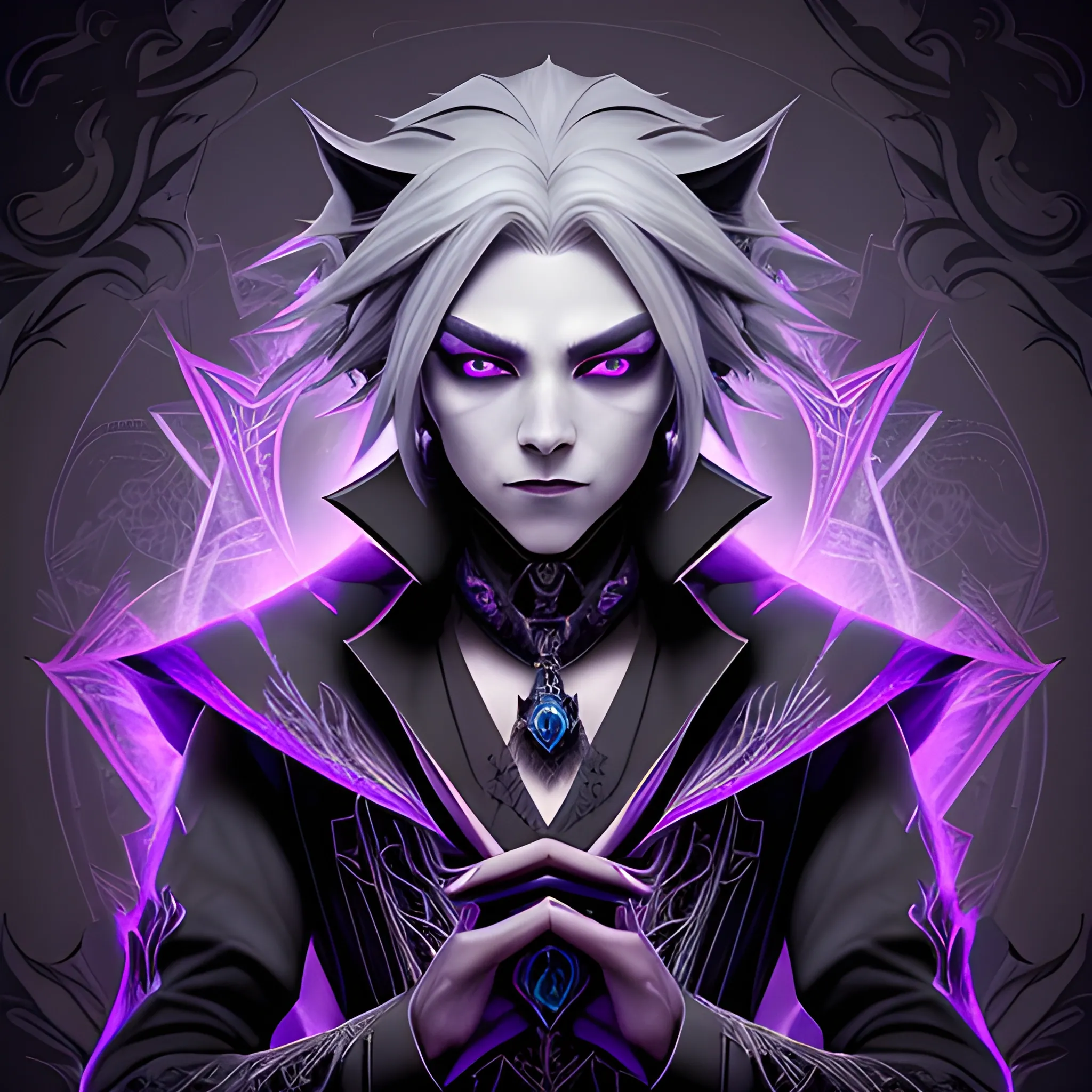 A hyper detailed, gaming style portrait of a mysterious magician, who is a character in a game like Dota 2, about magical adventures, witches and magicians, with grey hair, wearing a fantasy style dark purple and black wear, wrapped in black lines with beautiful dynamic background