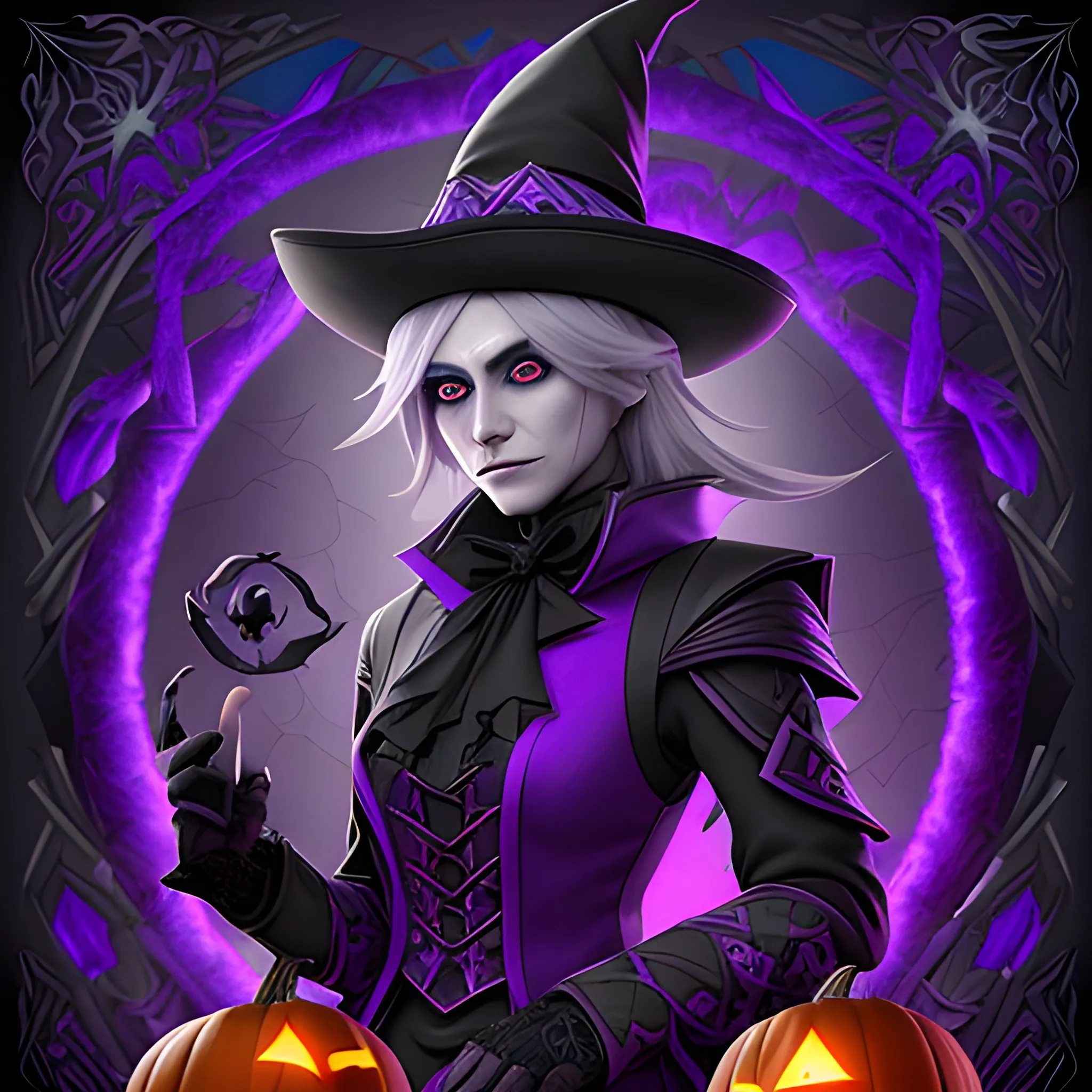 A hyper detailed, gaming style portrait of a mysterious magician, who is a character in a game like Dota 2, about magical adventures, witches and magicians, with grey hair, wearing a fantasy style dark purple and black wear, wrapped in black lines with beautiful dynamic background and orange halloween pumpkins in the back