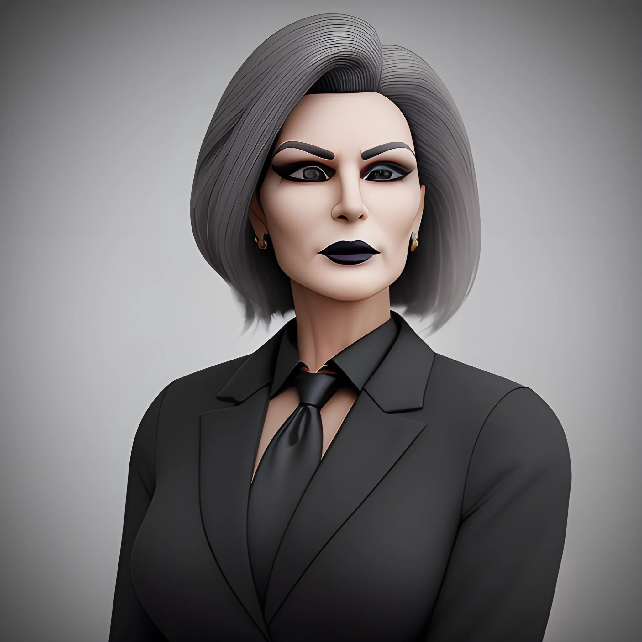 Beautiful grayish shoulder length haired 60 year old business woman with black lipstick and eye makeup dressed in an all black business suit black button up shirt black long tie full body pose photo realistic 24k ultra realistic quality highly detailed 3D no deformation