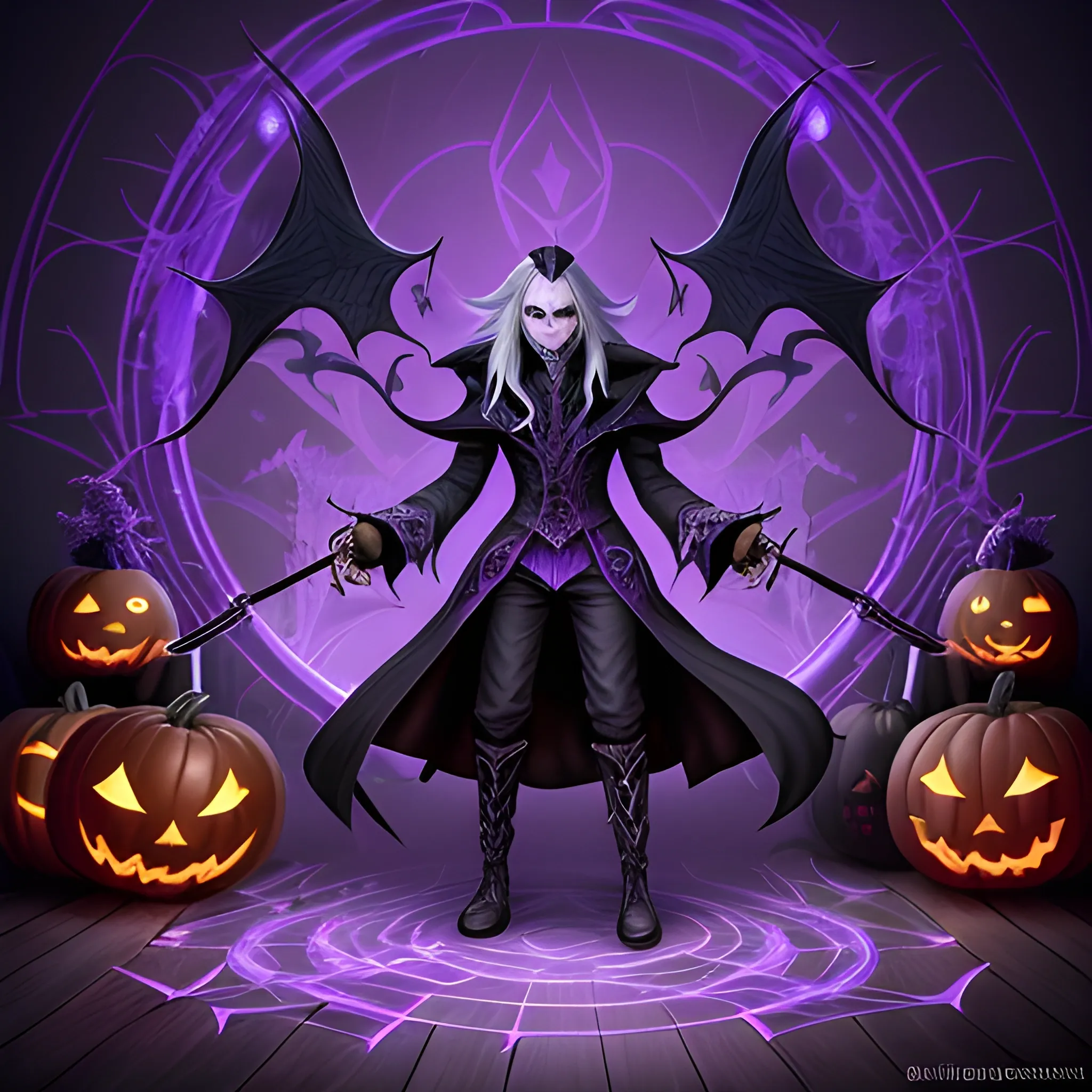 A hyper detailed, gaming style picture of a mysterious magician, who is a character in a game like Dota 2, about magical adventures, witches and magicians, with long grey hair, wearing a fantasy style dark purple and black wear, wrapped in black lines with beautiful dynamic background and orange halloween pumpkins in the back