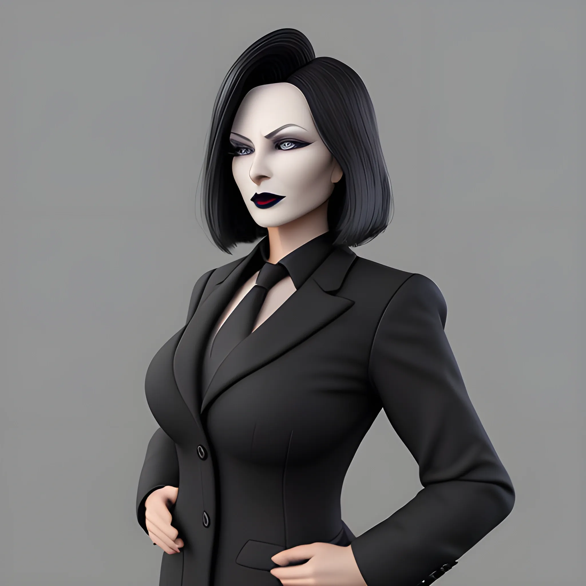 Beautiful grayish shoulder length haired 60 year old business woman with black lipstick and eye makeup dressed in an all black business suit black button up shirt black long tie full body pose photo realistic 24k ultra realistic quality highly detailed 3D no deformation