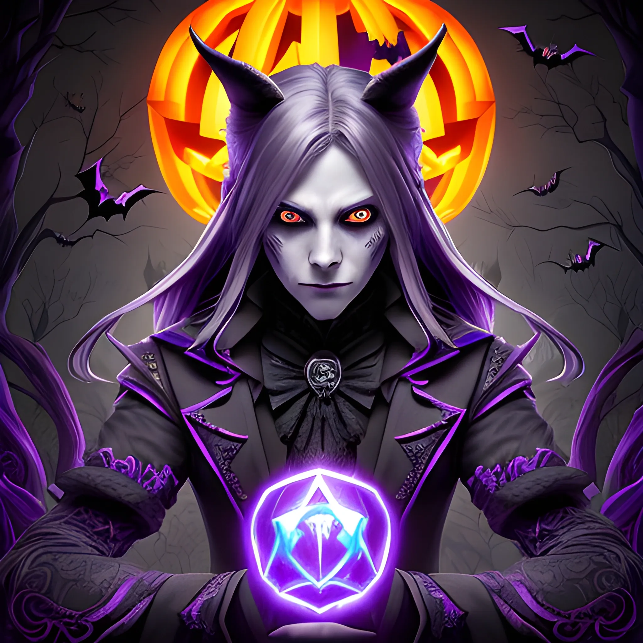 A hyper detailed, gaming style picture of a mysterious magician, who is a character in a game like Dota 2, about magical adventures, witches and magicians, with detailed face, with long grey hair, wearing a fantasy style dark purple and black wear, wrapped in black lines with beautiful dynamic background and orange halloween pumpkins in the back