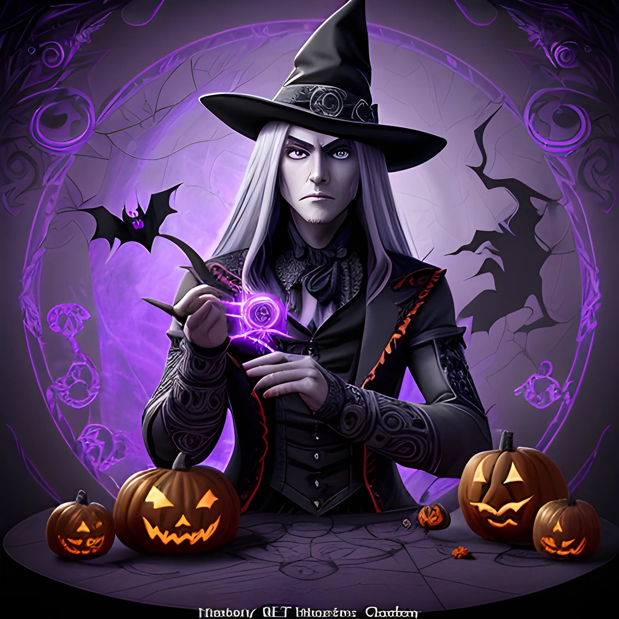 A hyper detailed, gaming style picture of a mysterious magician, who is a character in a game like Dota 2, about magical adventures, witches and magicians, with detailed face, with long grey hair, wearing a fantasy style dark purple and black wear, wrapped in black lines with beautiful dynamic background and orange halloween pumpkins in the back