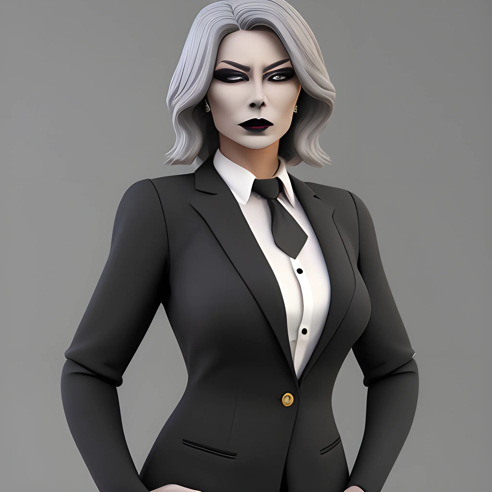 Beautiful grayish shoulder length haired 60 year old business woman with black lipstick and eye makeup dressed in an all black business suit black button up shirt black long tie full body pose photo realistic 24k ultra realistic quality highly detailed 3D no deformation