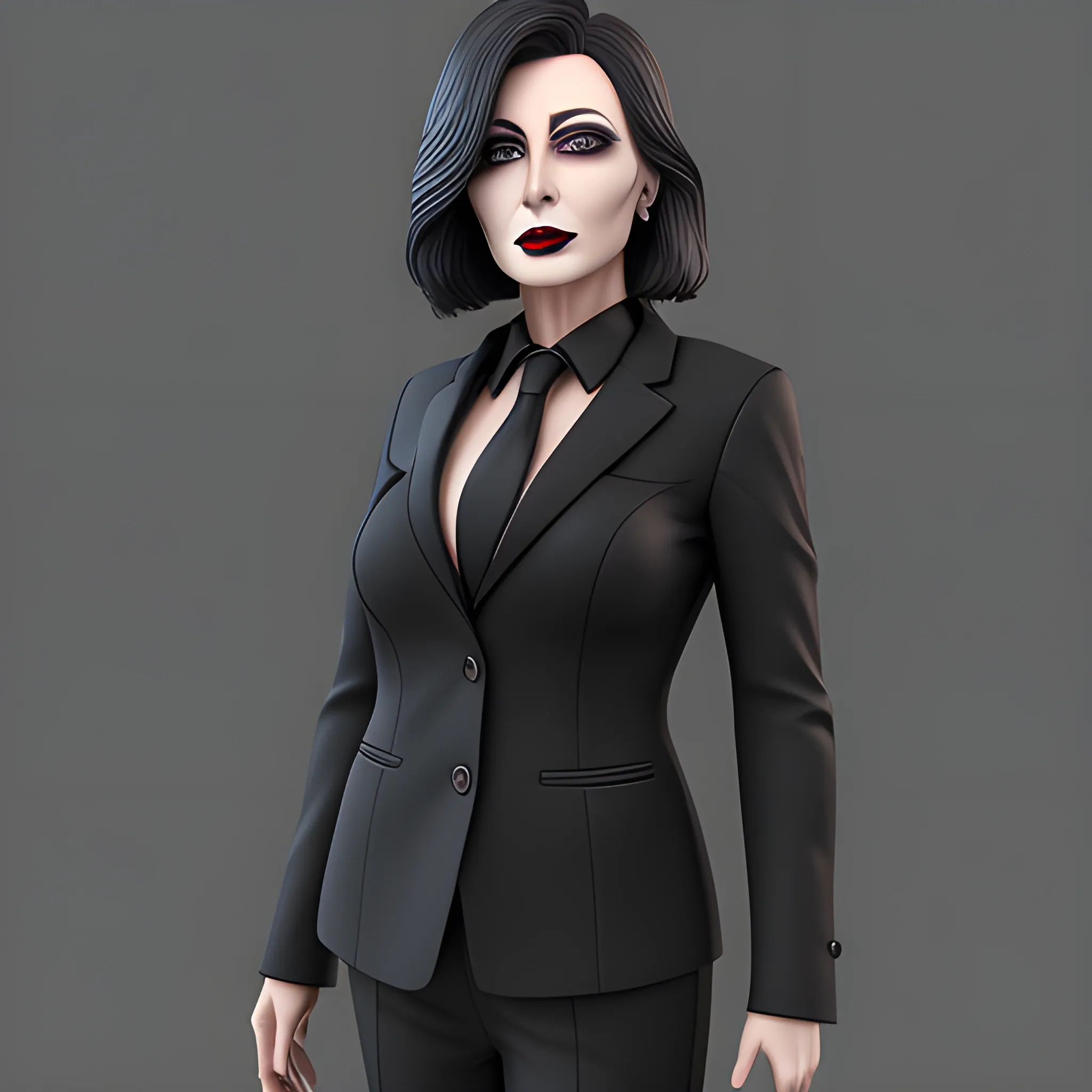 Beautiful grayish shoulder length haired 60 year old business woman with black lipstick and eye makeup dressed in an all black business suit black button up shirt black long tie full body pose photo realistic 24k ultra realistic quality highly detailed 3D no deformation highly detailed face