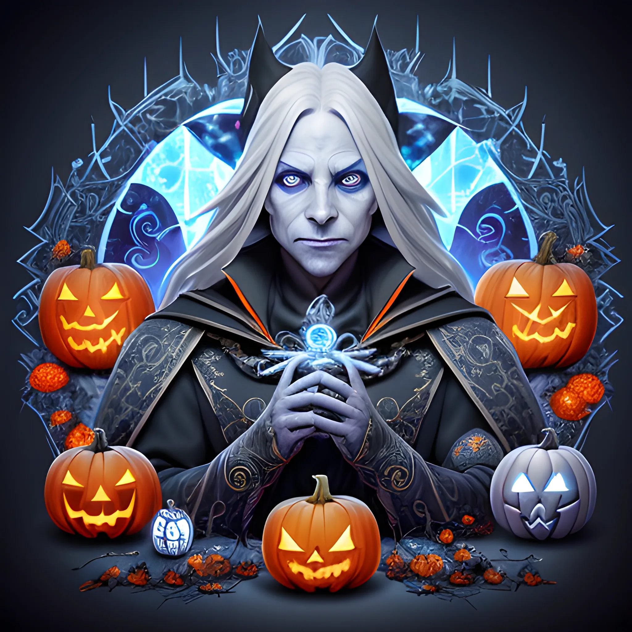 A hyper detailed, gaming style picture of a mysterious magician, who is a character in a game like Dota 2, about magical adventures, witches and magicians, with detailed face, with long grey hair, wearing a fantasy style dark blue and white wear, wrapped in blue lines with beautiful hyper detailed dynamic background and orange halloween pumpkins in the back