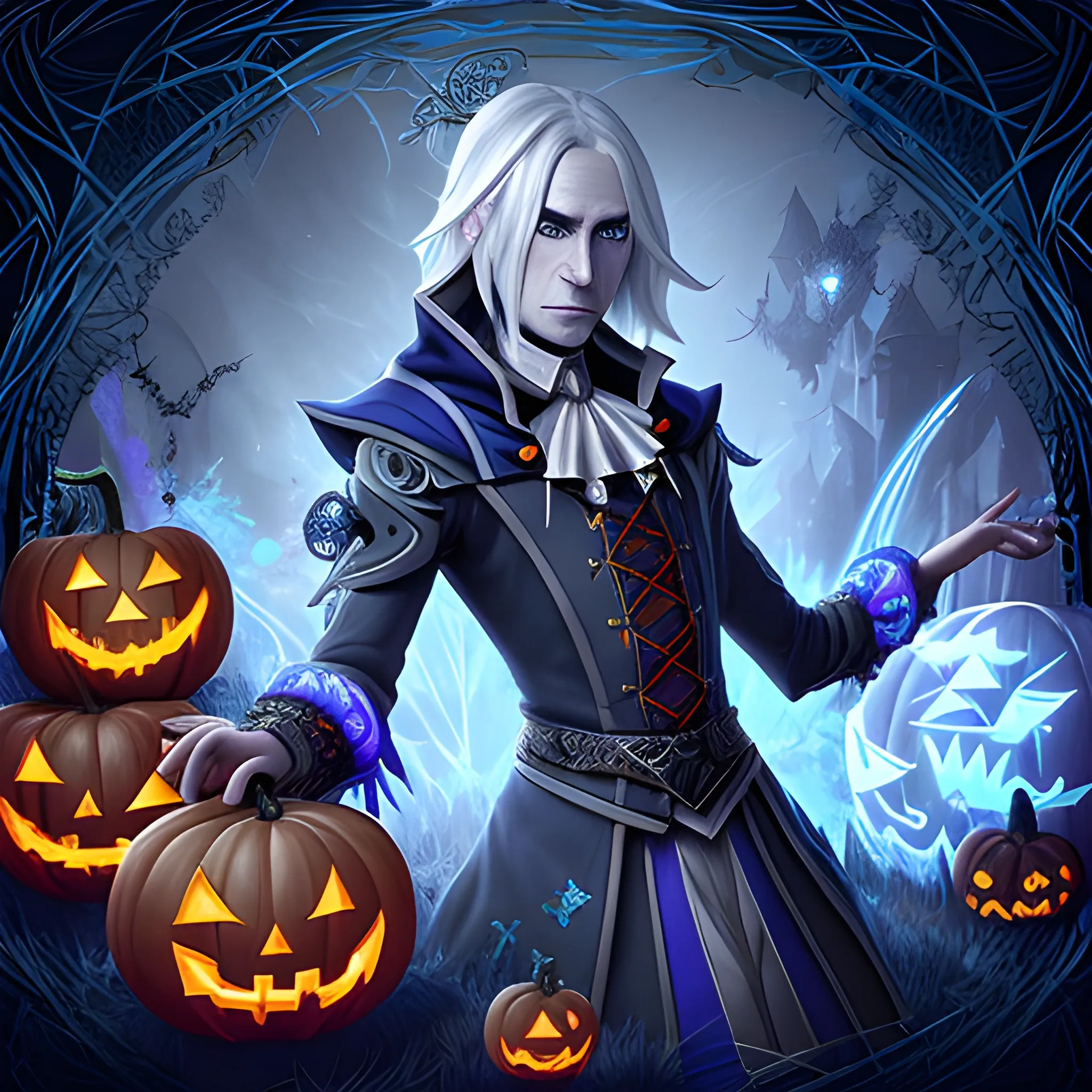 A hyper detailed, gaming style picture of a mysterious magician, who is a character in a game like Dota 2, about magical adventures, witches and magicians, with detailed face, with long grey hair, wearing a fantasy style dark blue and white wear, wrapped in blue lines with beautiful hyper detailed dynamic background and orange halloween pumpkins in the back