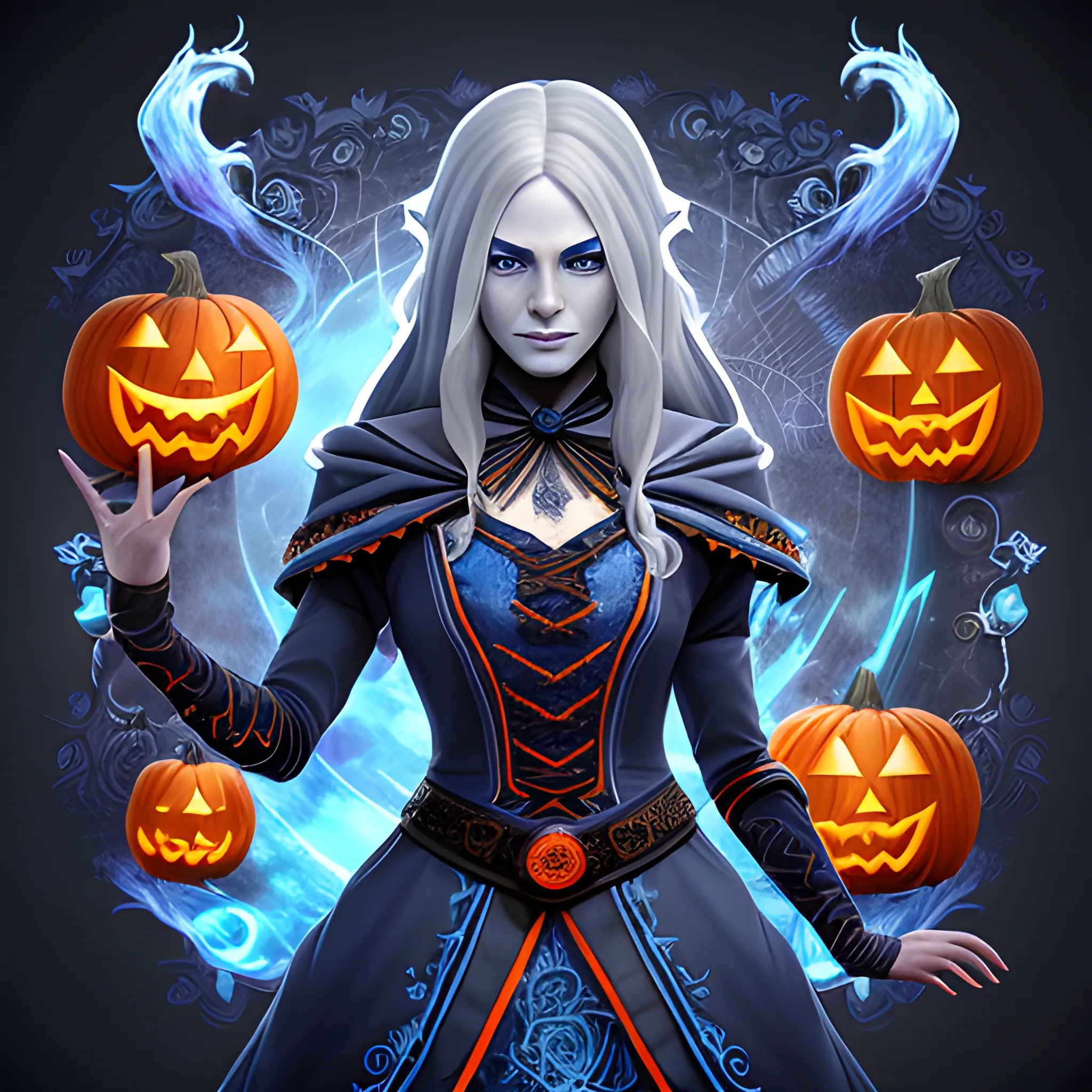 A hyper detailed, gaming style picture of a mysterious magician, who is a character in a game like Dota 2, about magical adventures, witches and magicians, with detailed face, with long grey hair, wearing a fantasy style dark blue and white wear, wrapped in blue lines with beautiful hyper detailed dynamic background and orange halloween pumpkins in the back