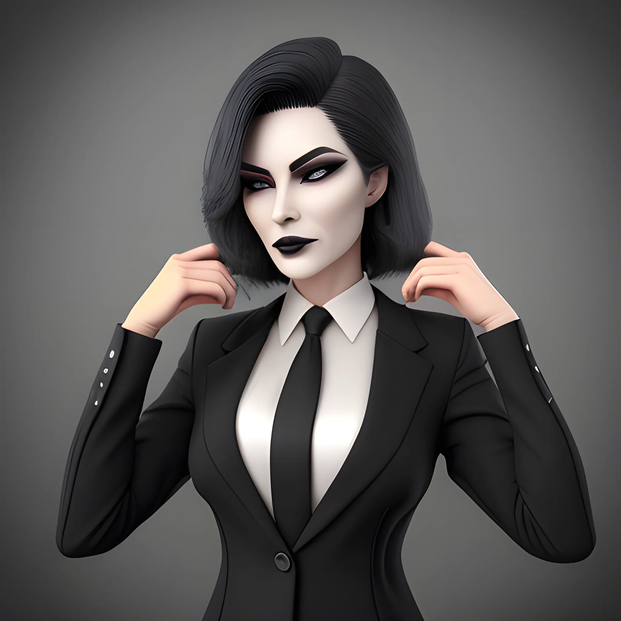 Beautiful grayish shoulder length haired 60 year old business woman with black lipstick and eye makeup dressed in an all black business suit black button up shirt black long tie full body pose photo realistic 24k ultra realistic quality 3D no deformation