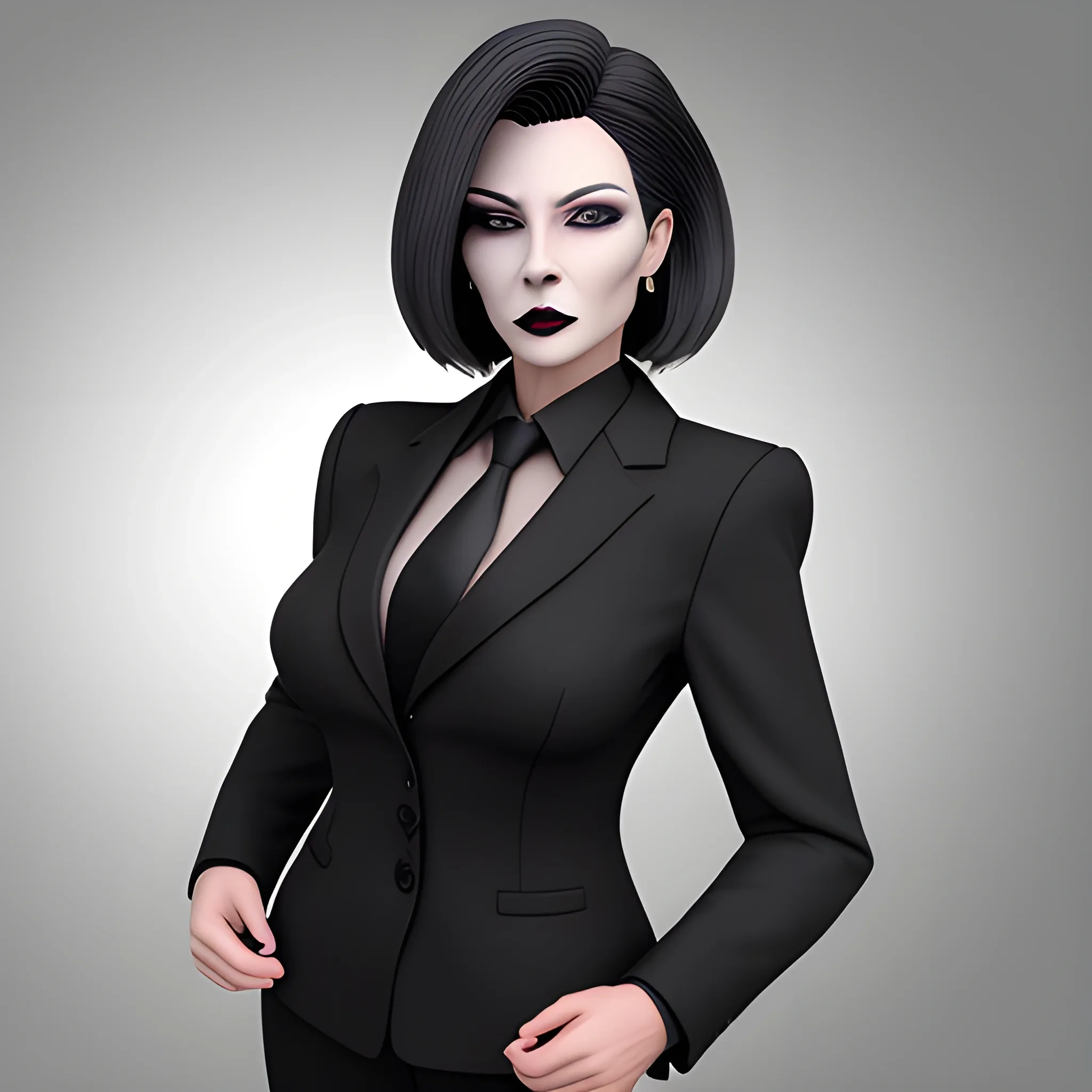 Beautiful grayish shoulder length haired 60 year old business woman with black lipstick and eye makeup dressed in an all black business suit all black button up shirt black long tie full body pose photo realistic 24k ultra realistic quality 3D no deformation